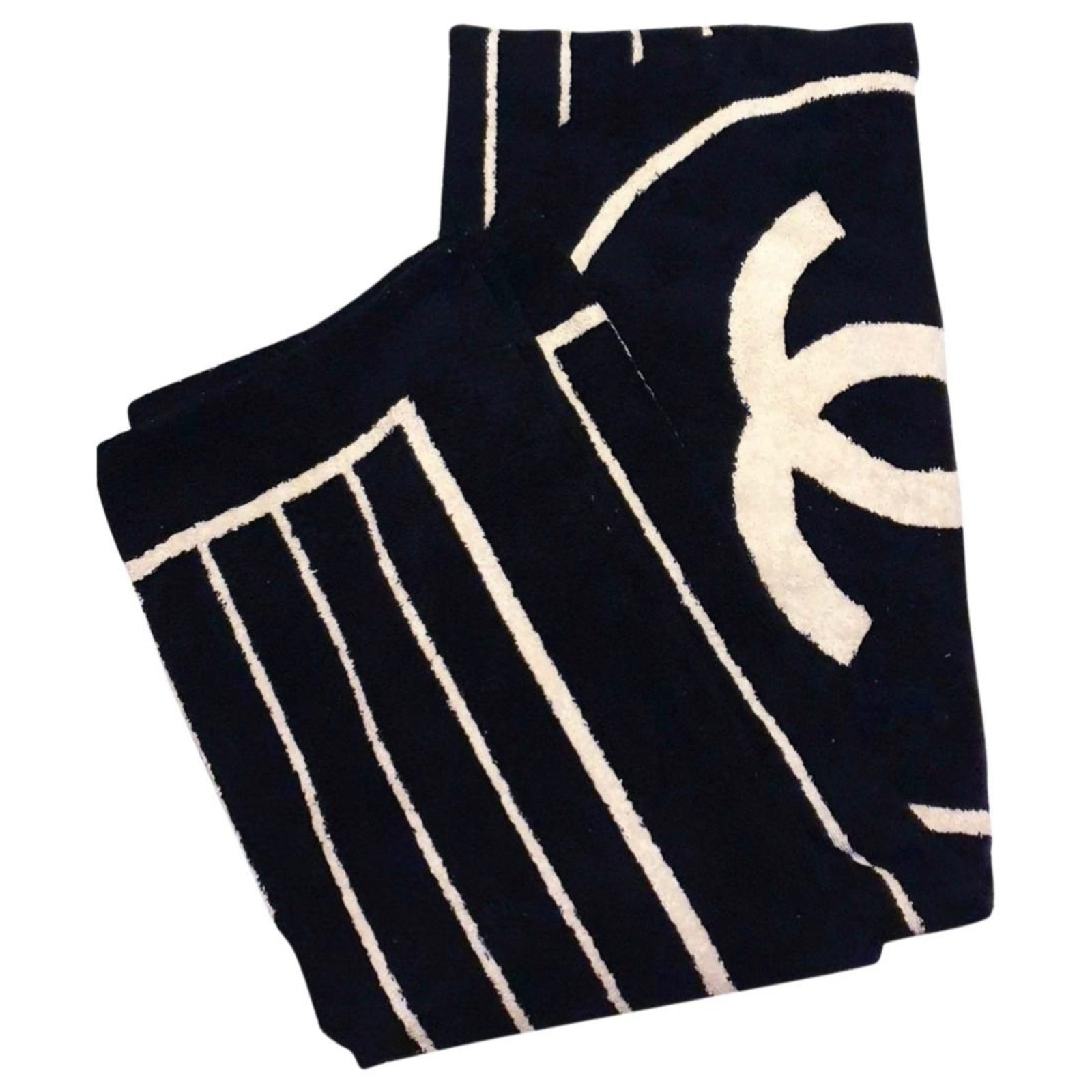 CHANEL CHANEL Beach towel serviette large cotton White black Used Coco