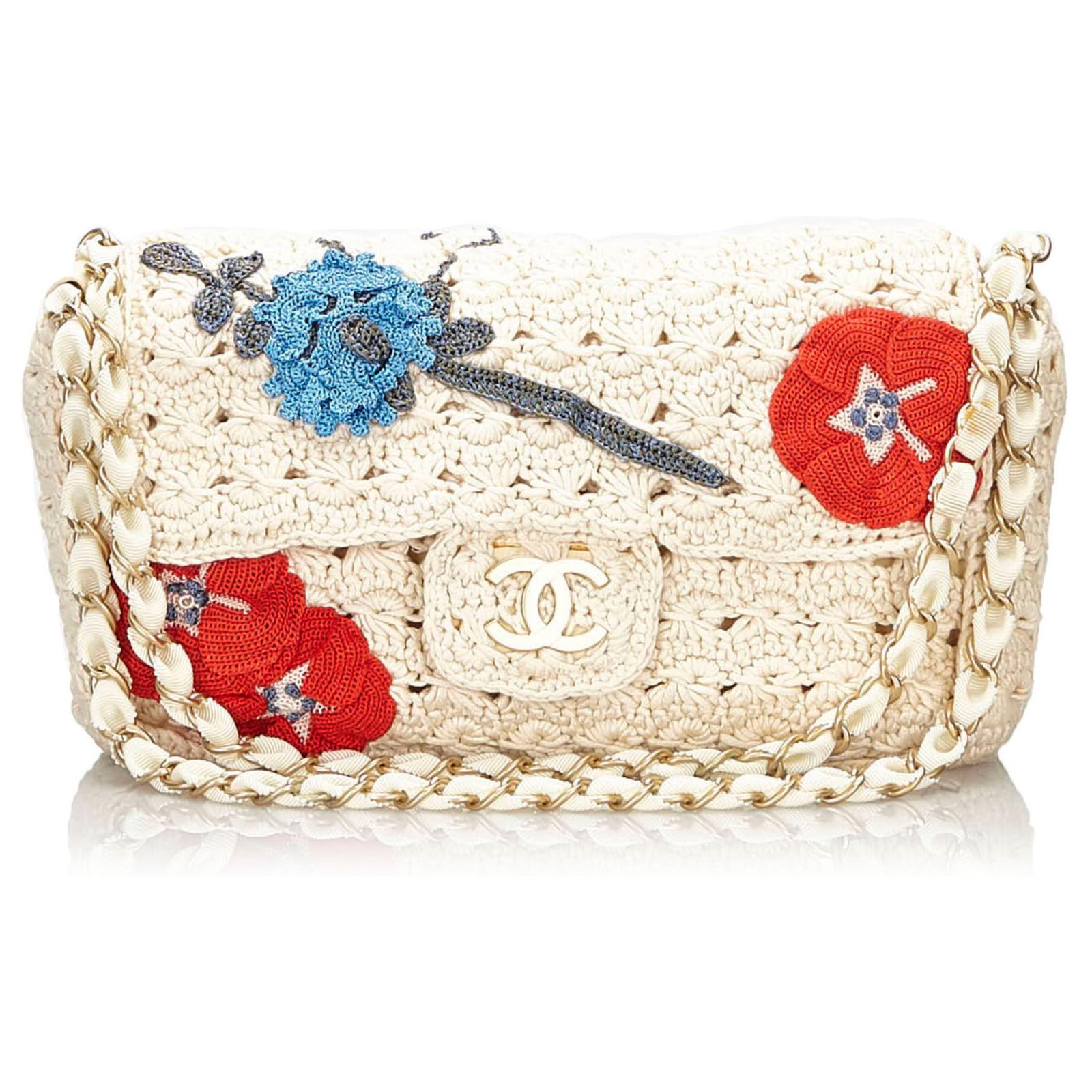 Chanel White Camellia Crochet Flap Bag Multiple colors Cotton Cloth   - Joli Closet