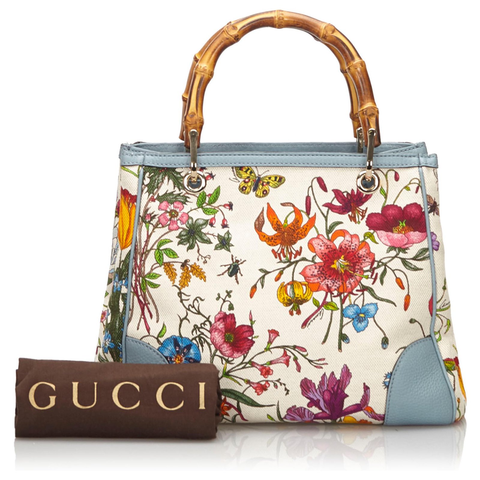 Gucci White 50th Anniversary Bamboo Flora Handbag