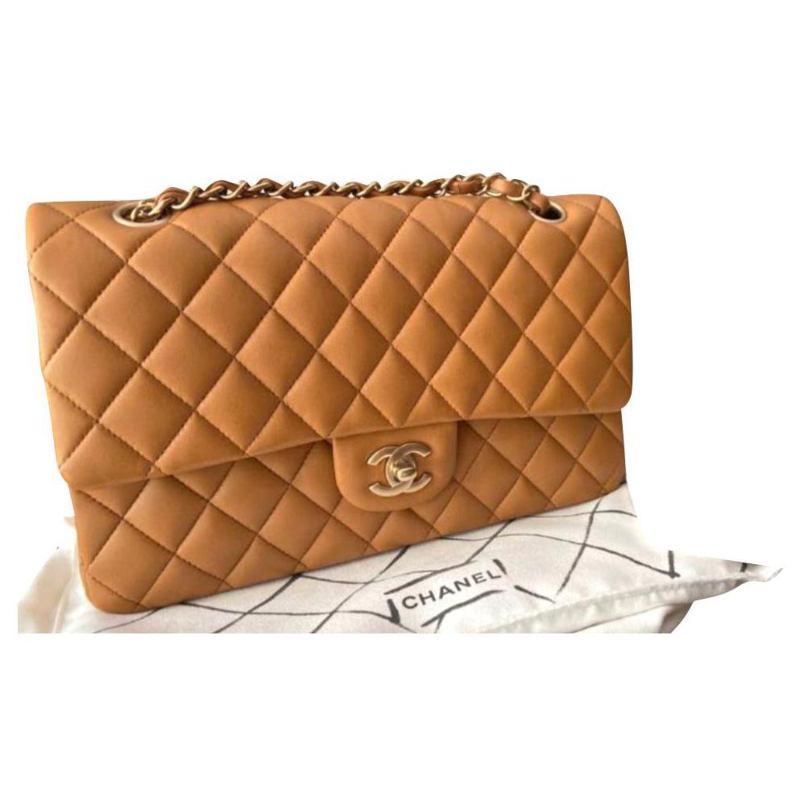 Chanel Medium beige lambskin classic flap bag Caramel Leather ref.162382 -  Joli Closet