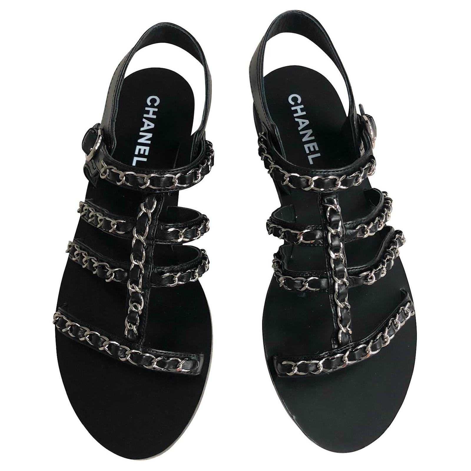 Chanel Black Satin and Goldtone Chain Flat Sandals - 36 / 6 – I MISS YOU  VINTAGE