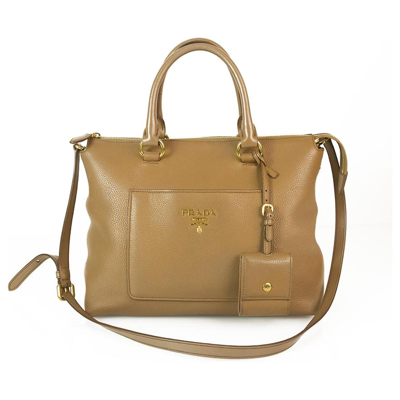 Prada Caramel Brown Soft Pebbled Leather Top Handle Bag Satchel Handbag