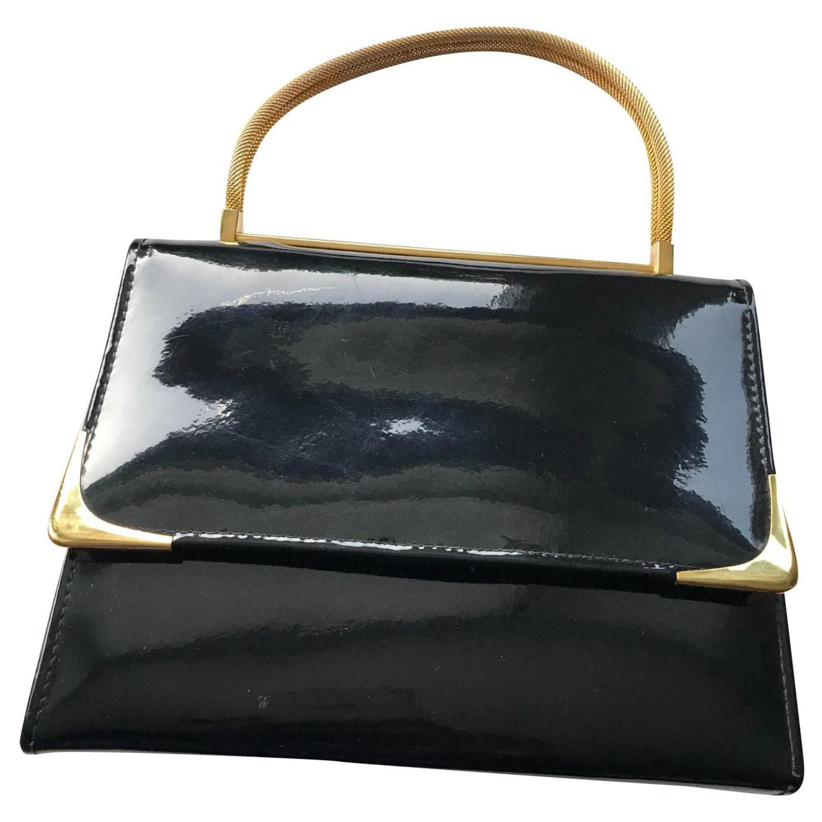 A 1960s Vintage Gucci Black Patent Leather Handbag with Gold Hardware