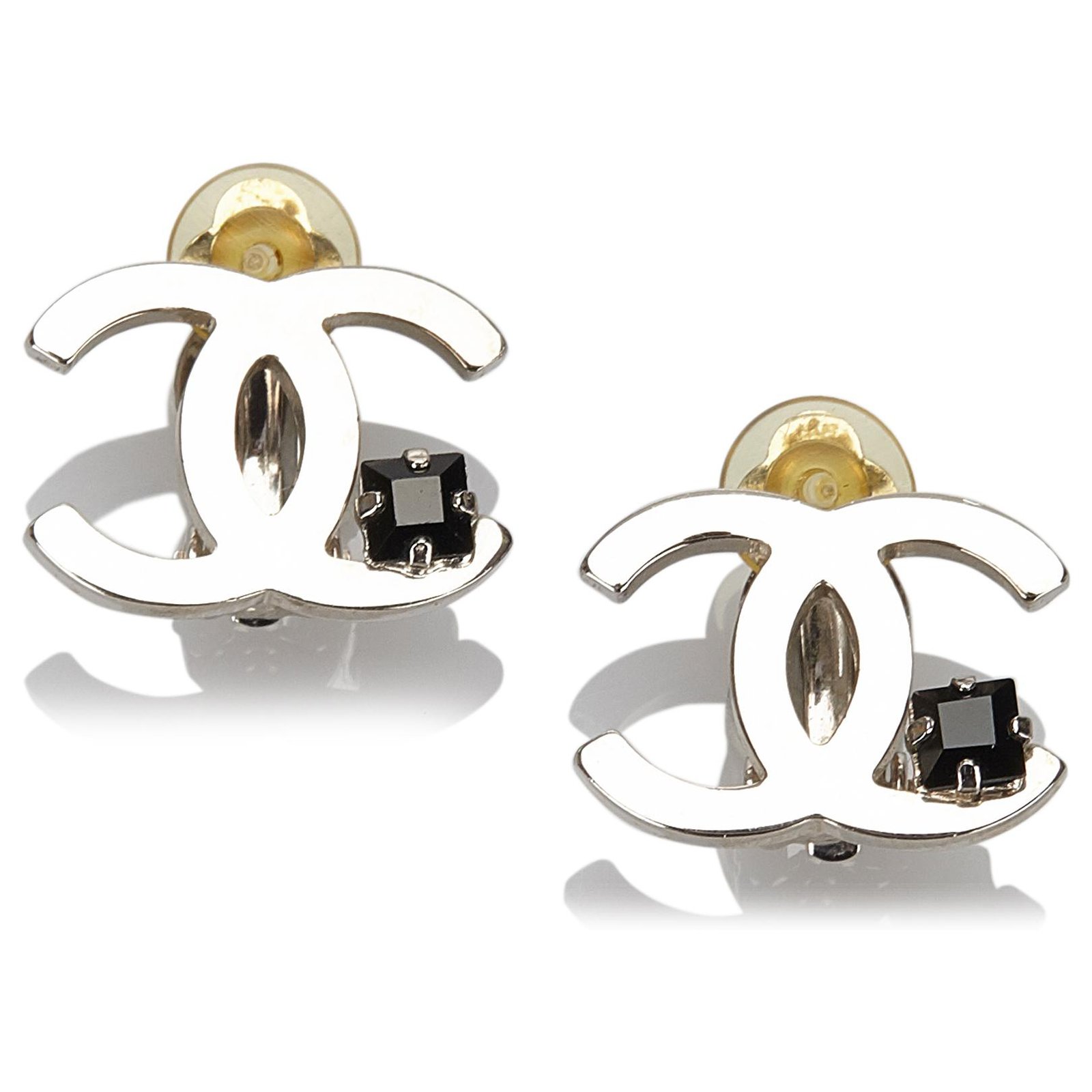 Chanel Silver CC Rhinestone Clip On Earrings Black Silvery Metal ref.166489  - Joli Closet
