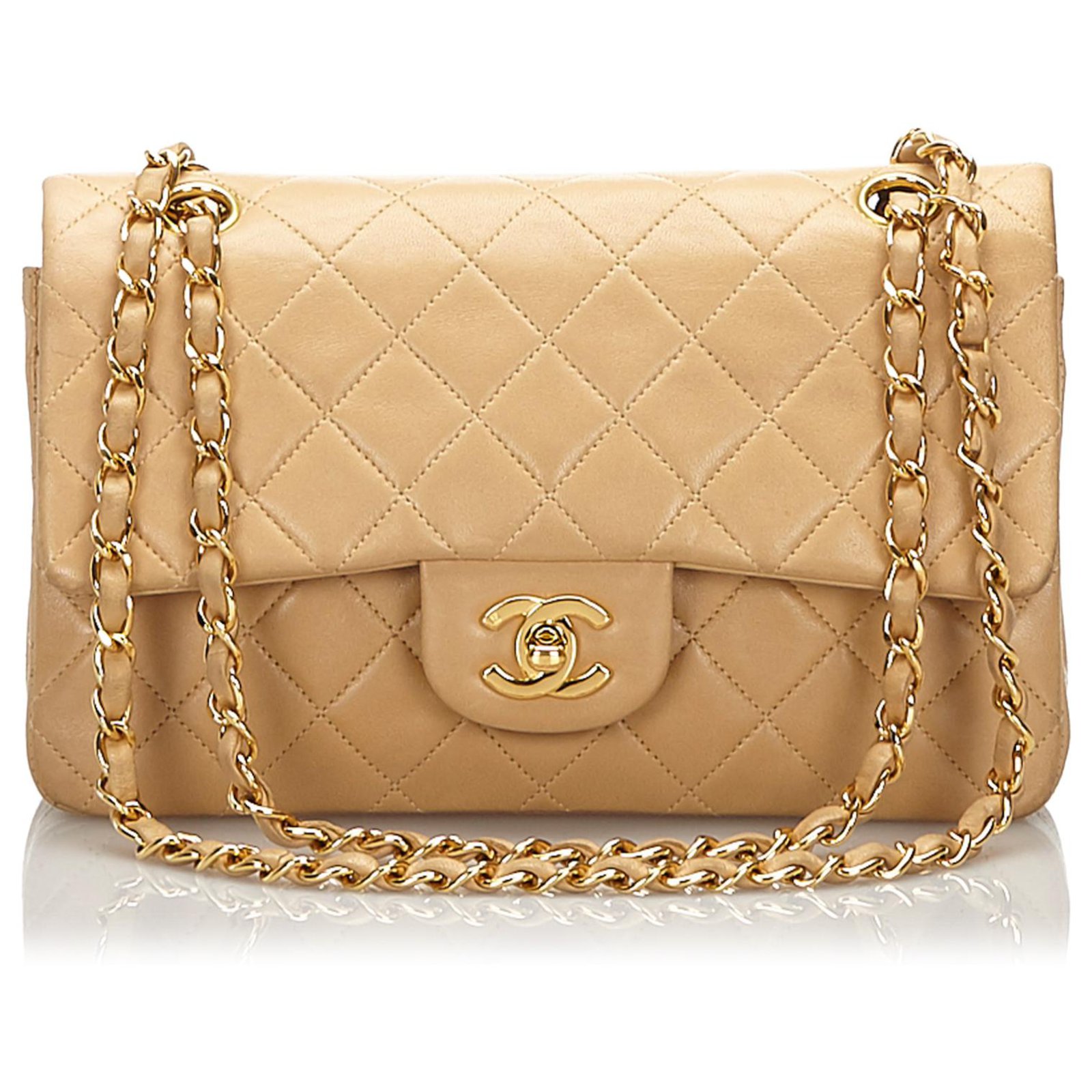 Timeless Chanel Brown Classic Small Lambskin lined Flap Bag Beige Leather  ref.166728 - Joli Closet