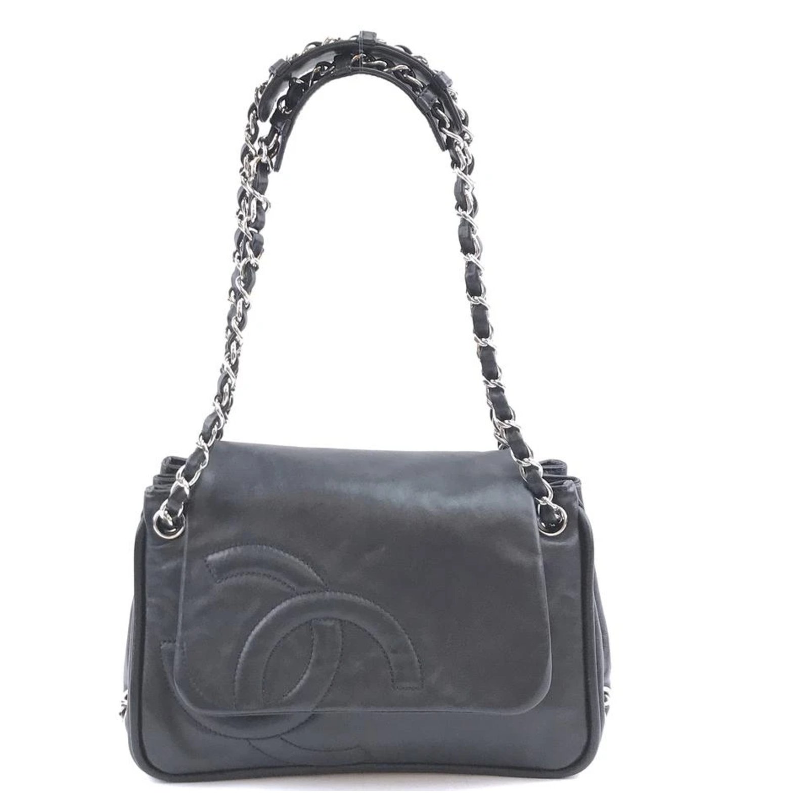 black leather handbag with chain strap