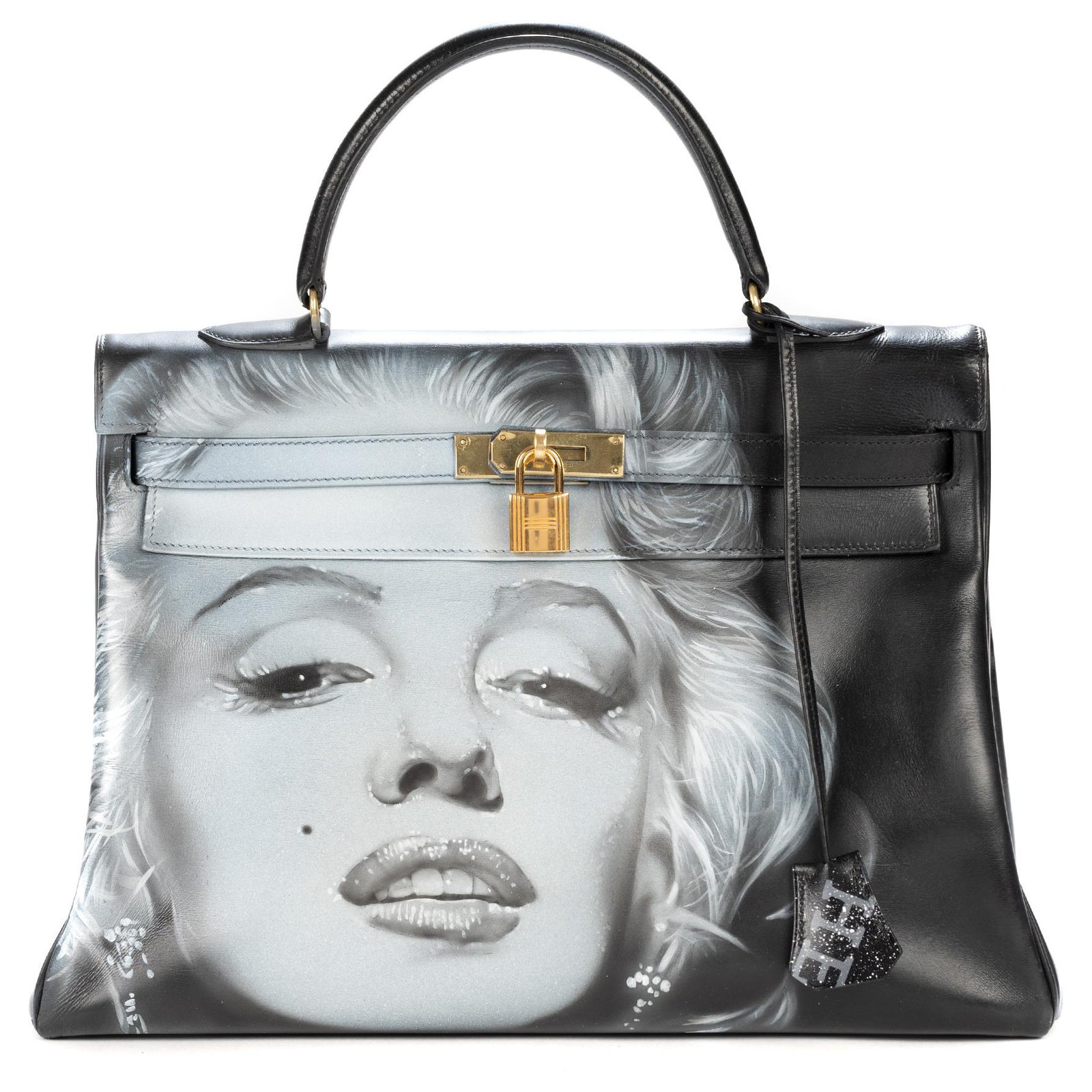 Hermès Hermes Kelly bag 35 returned in black box leather customized &quot;Marilyn Monroe&quot; # 46 by ...