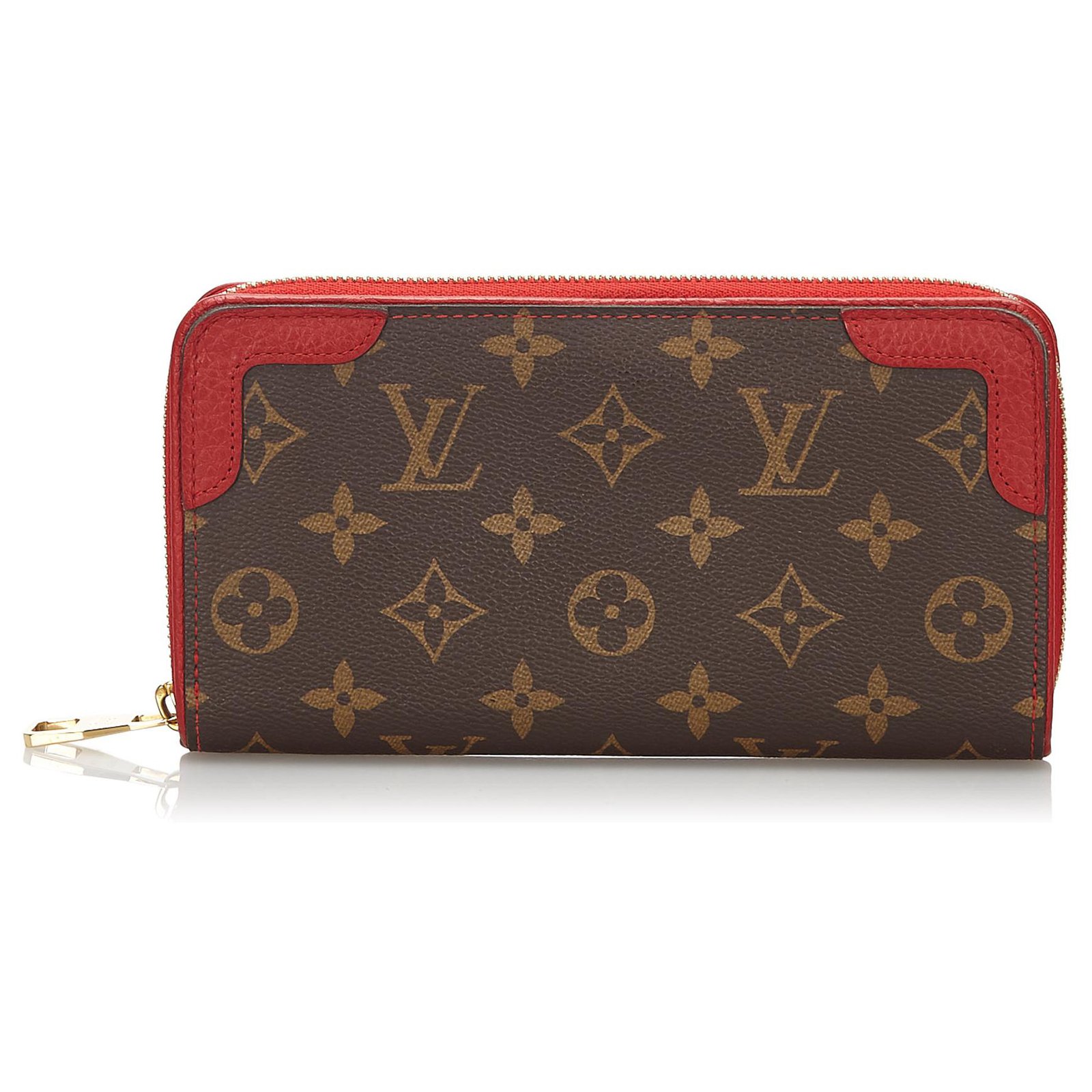 Louis Vuitton M61854 Monogram Zippy Wallet Retiro Brown Cerise Red Leather  w/Box