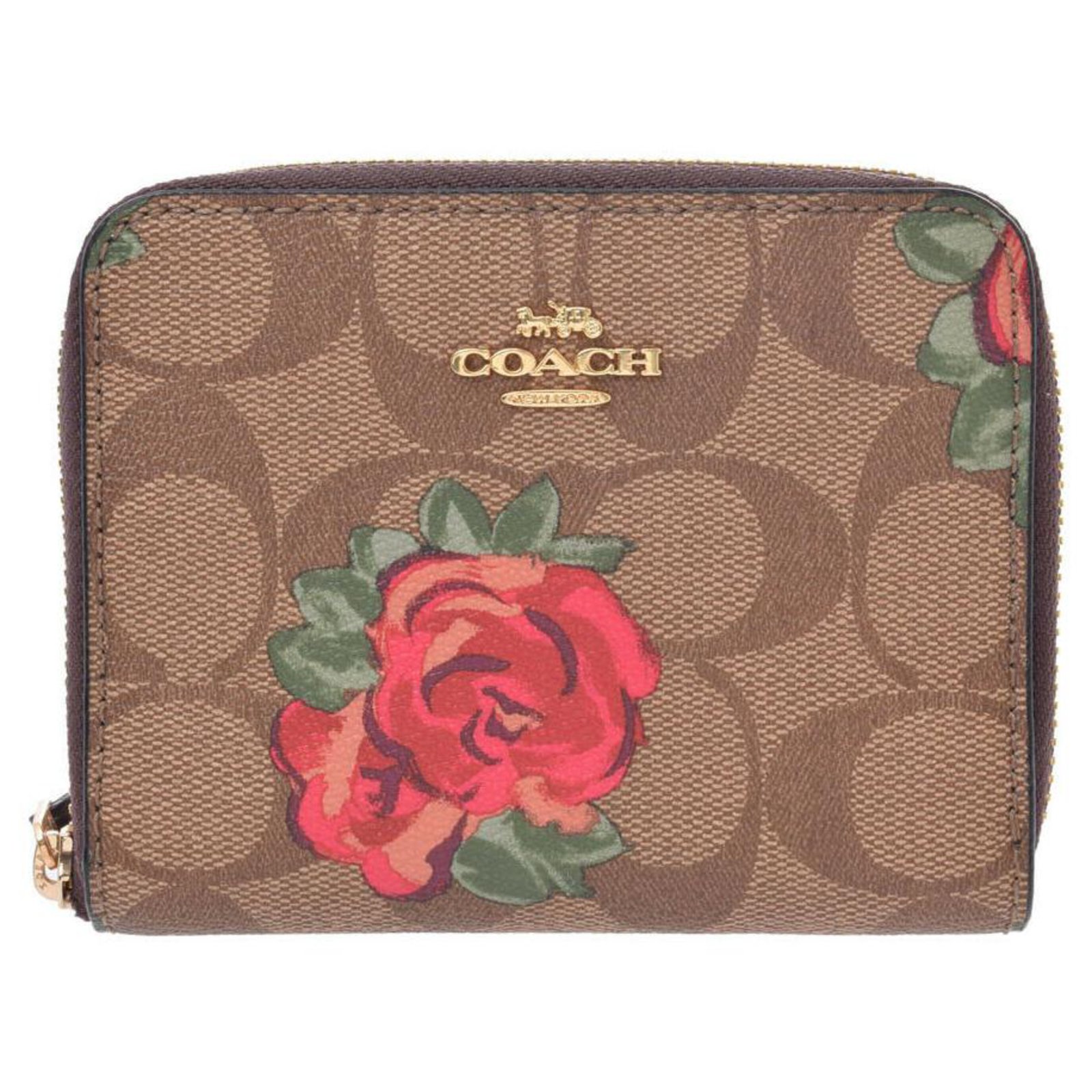 COACH Small Zip Around Card Case With Floral Print in Brown