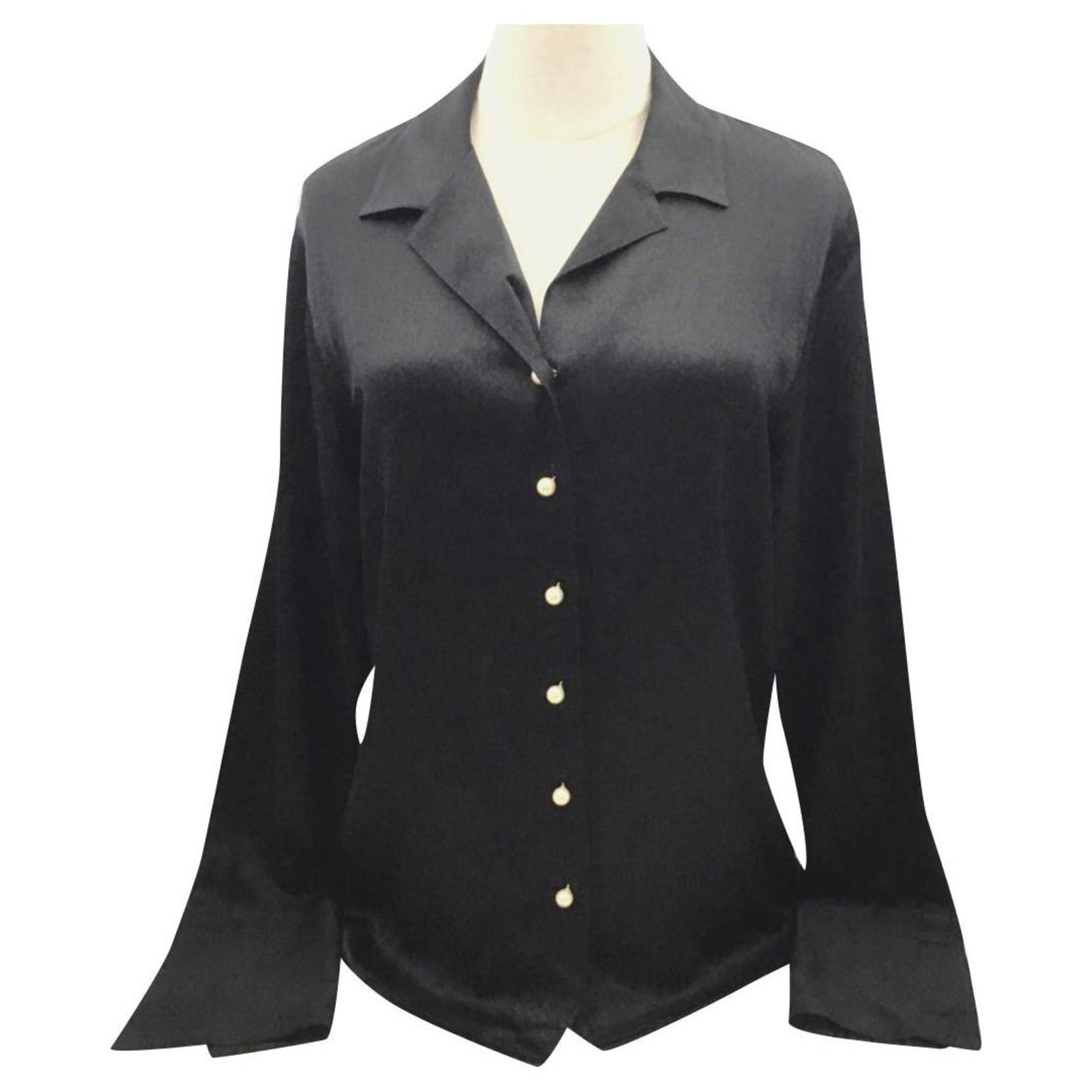 Chanel pearl button black silk blouse shirt FR38 ref.172124 - Joli
