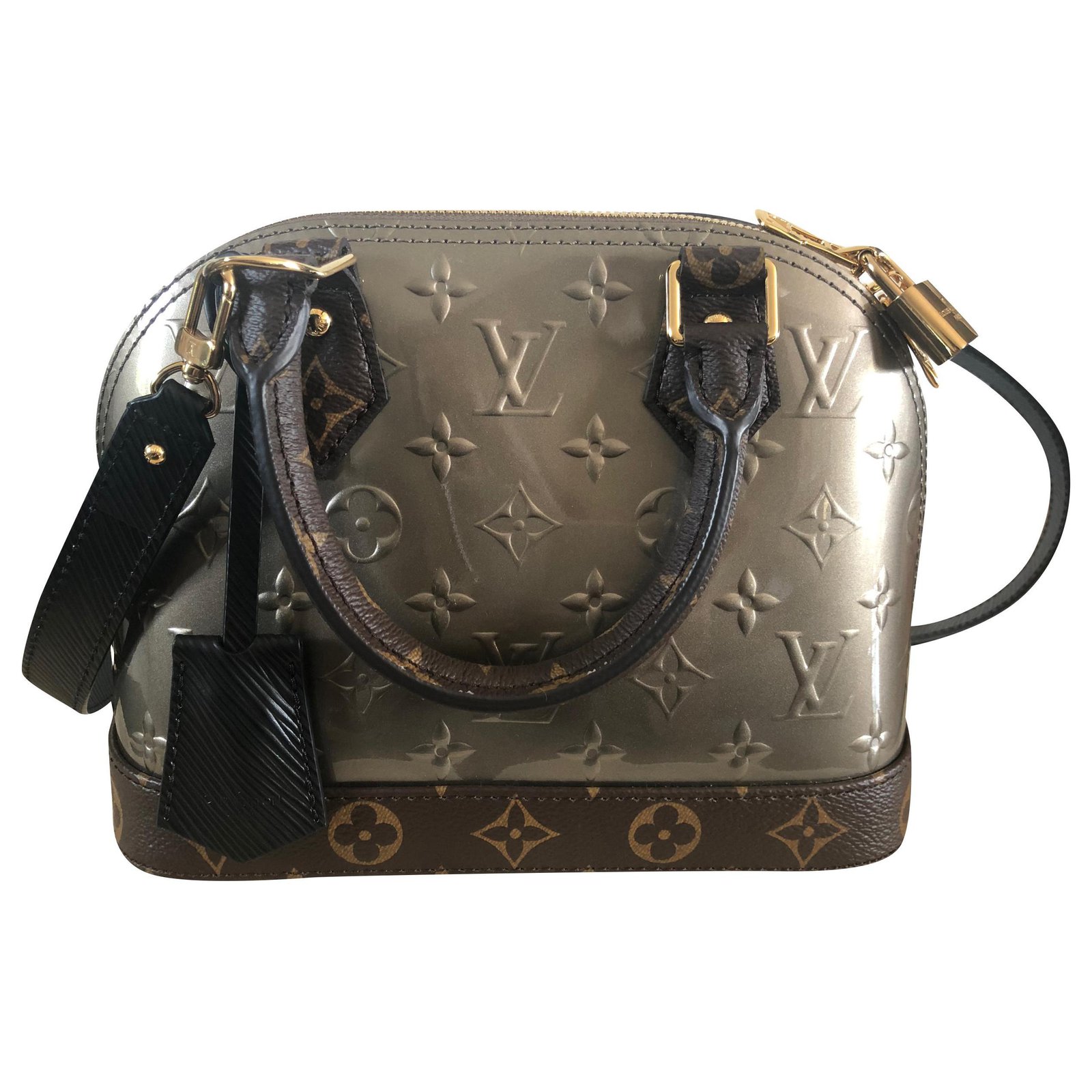 Louis Vuitton Alma BB Brown Black Silvery Leather Patent leather