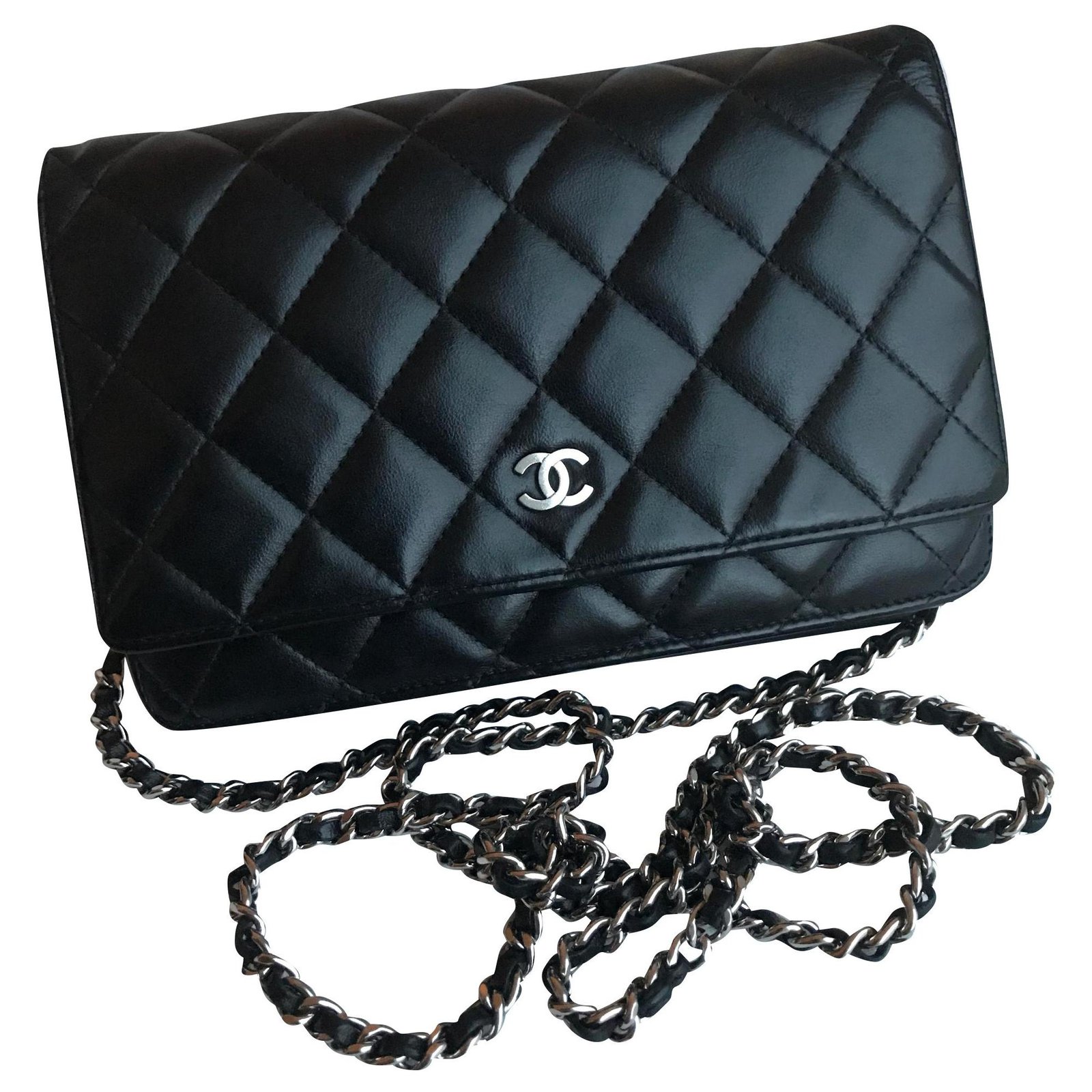 New 18P Chanel Black CC Double Zip Clutch Wallet on Chain WOC Bag