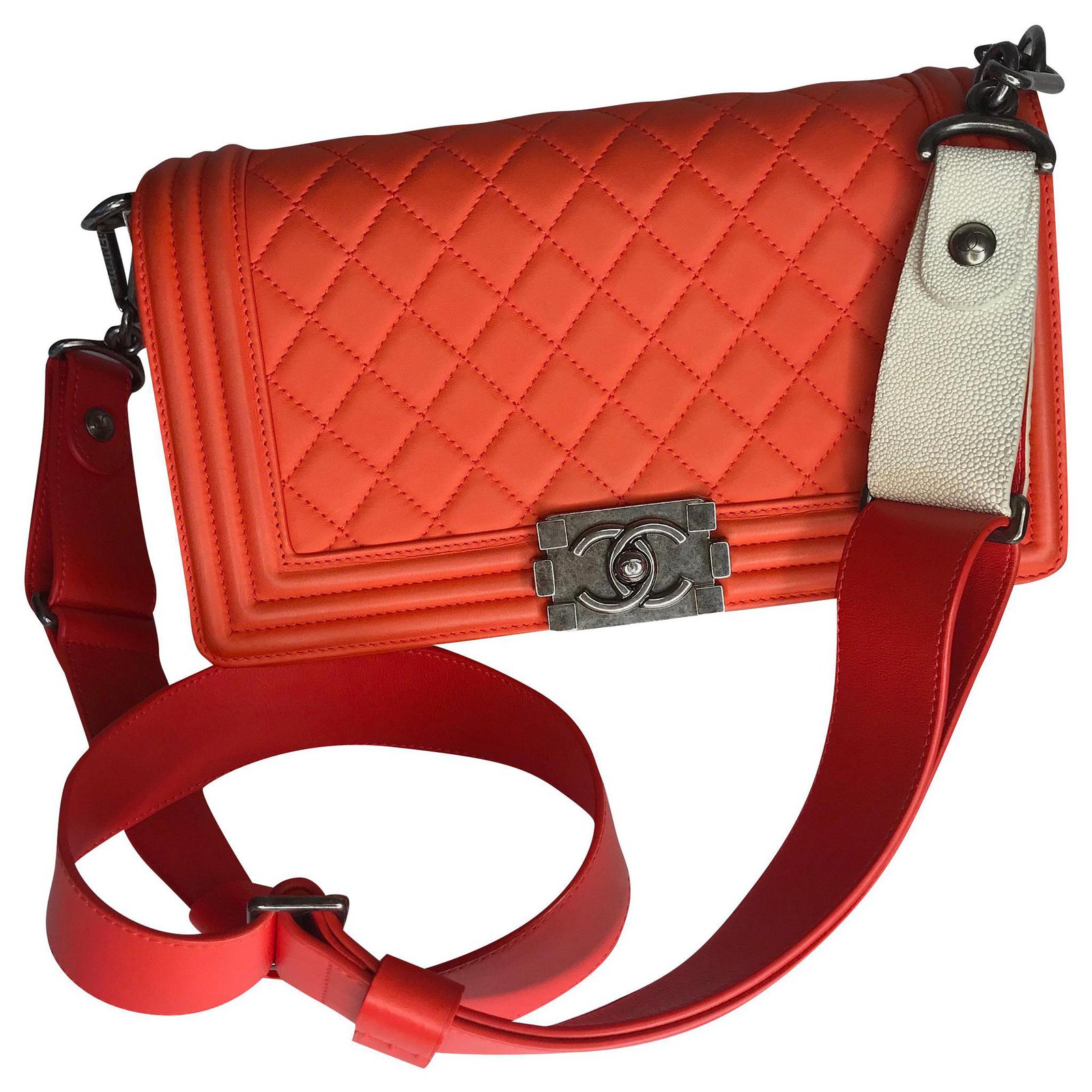 Chanel Medium Boy Bag Galuchat wide strap Orange Leather Exotic