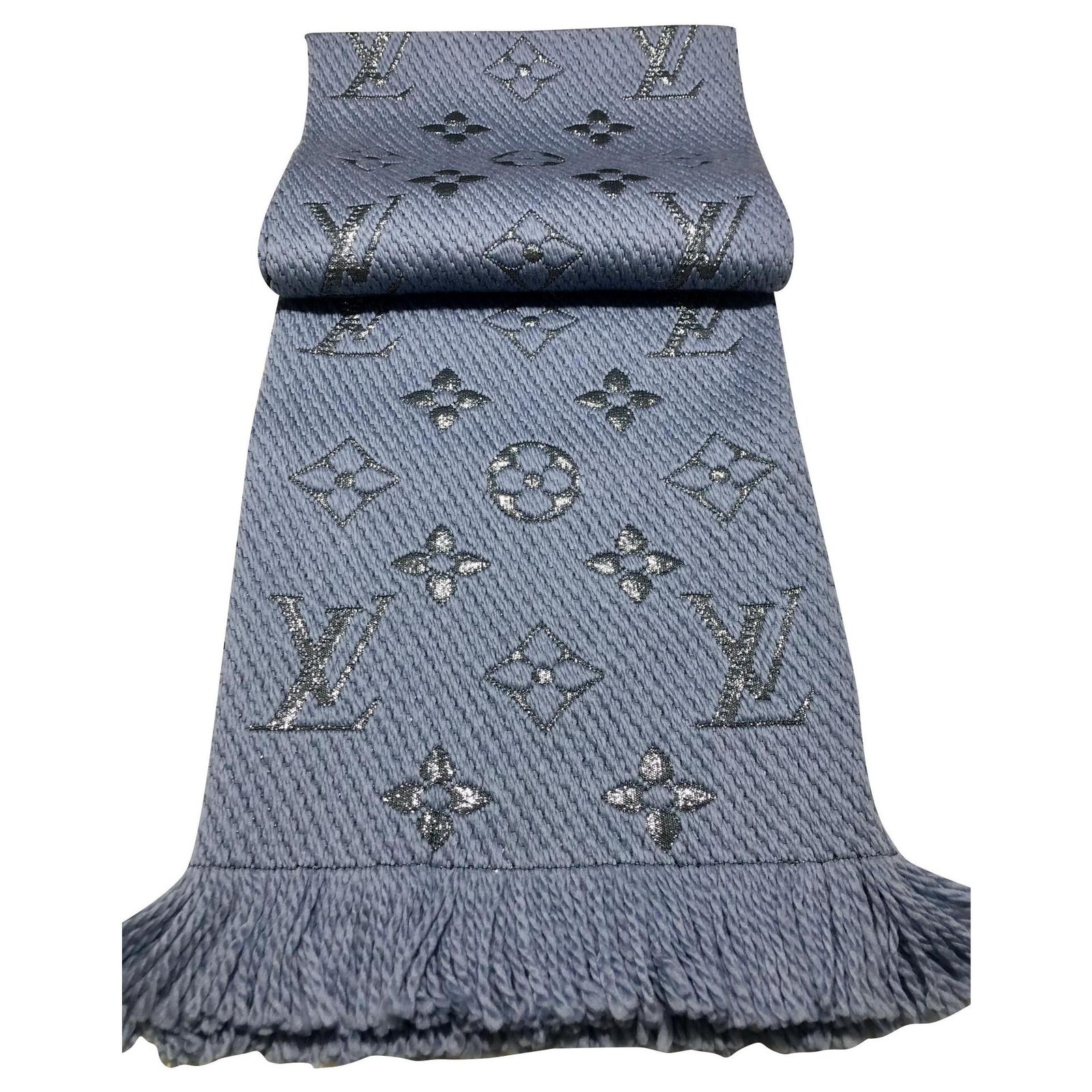 LOUIS VUITTON Wool Silk Logomania Shine Scarf Blue 621728
