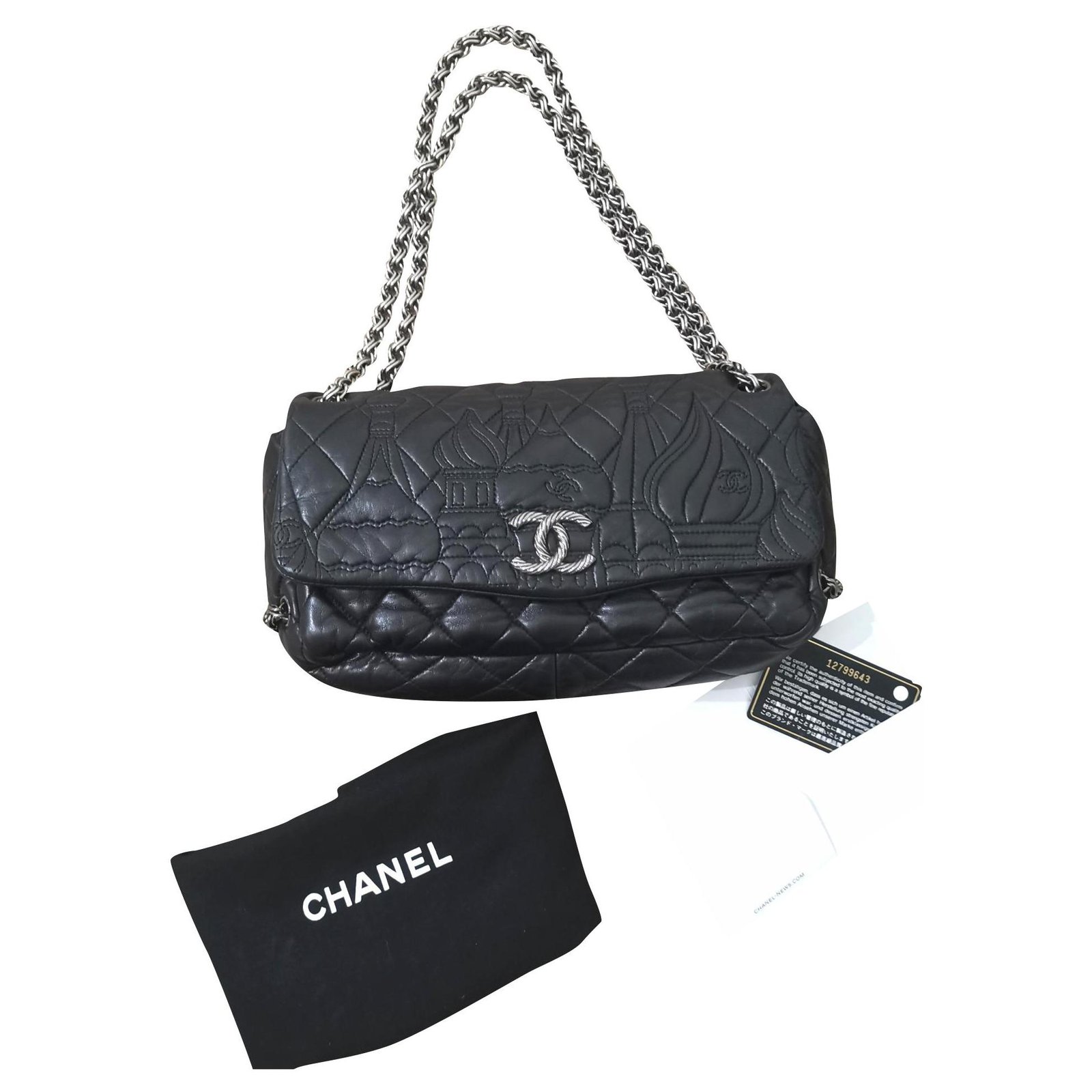 Moscow, Russia, 2021 - Chanel logo on black paper bags with