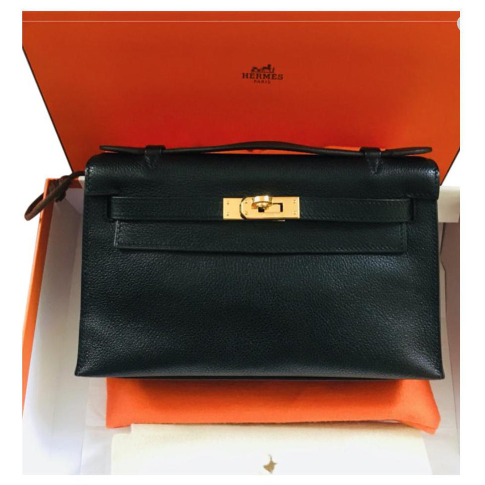 Very beautiful Hermès KELLY CLUTCH Bag Black, Evergrain Leather ref.178164  - Joli Closet