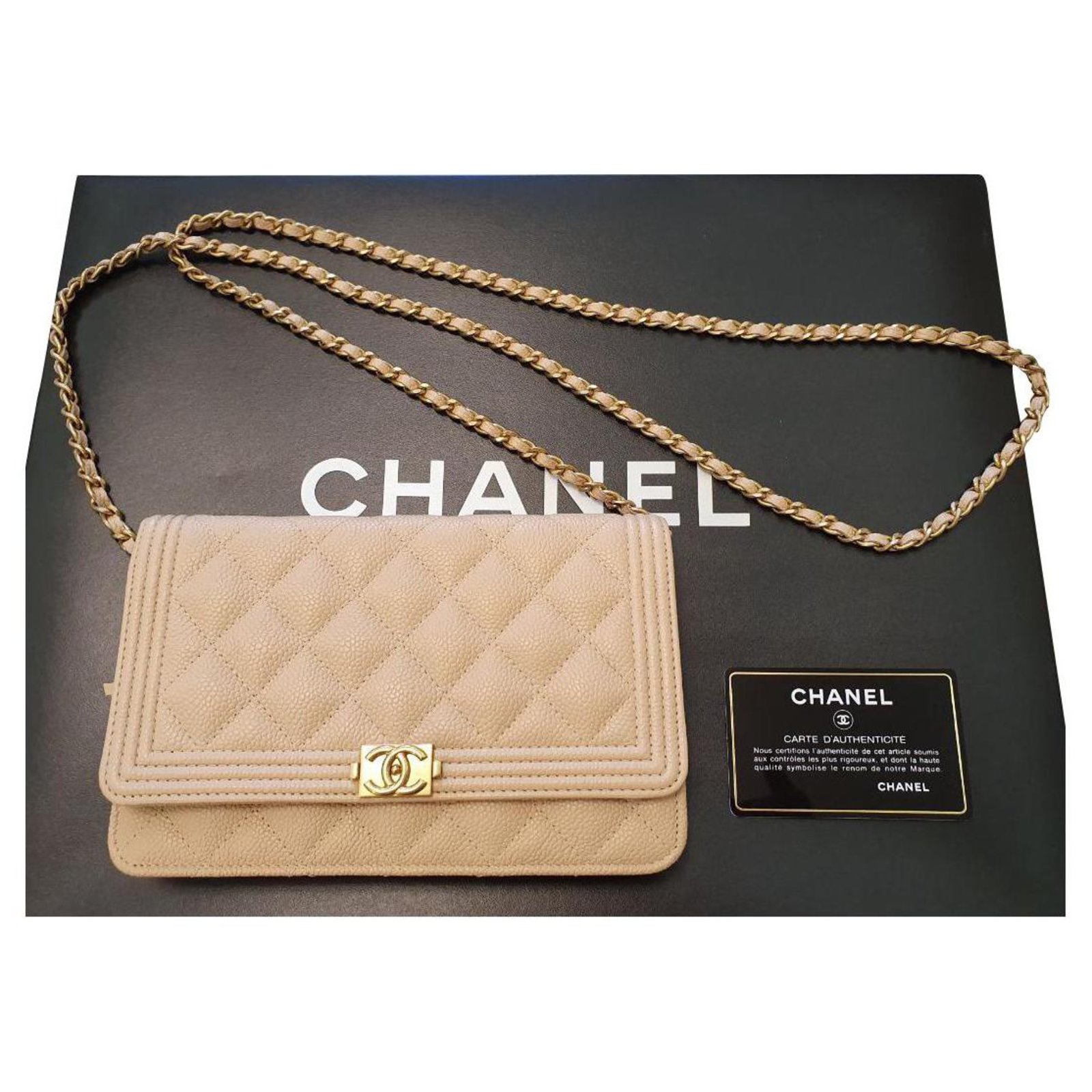 Chanel WOC Wallet on Chain Boy bag Beige Golden Leather ref.178996