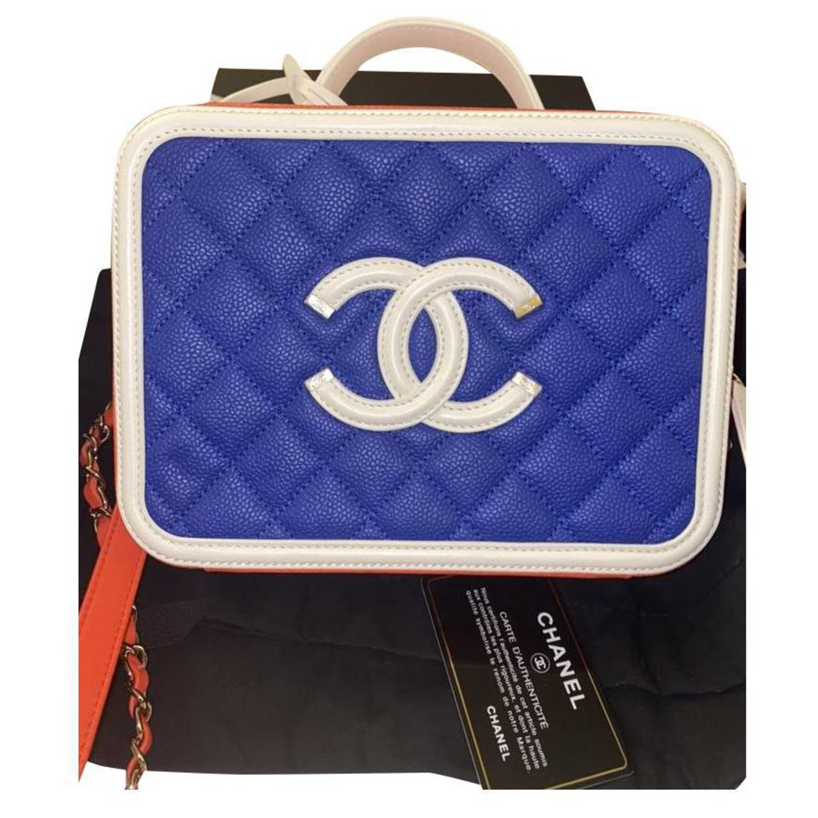 Chanel CC Filigree Vanity Case Medium Blue Red White Caviar Leather