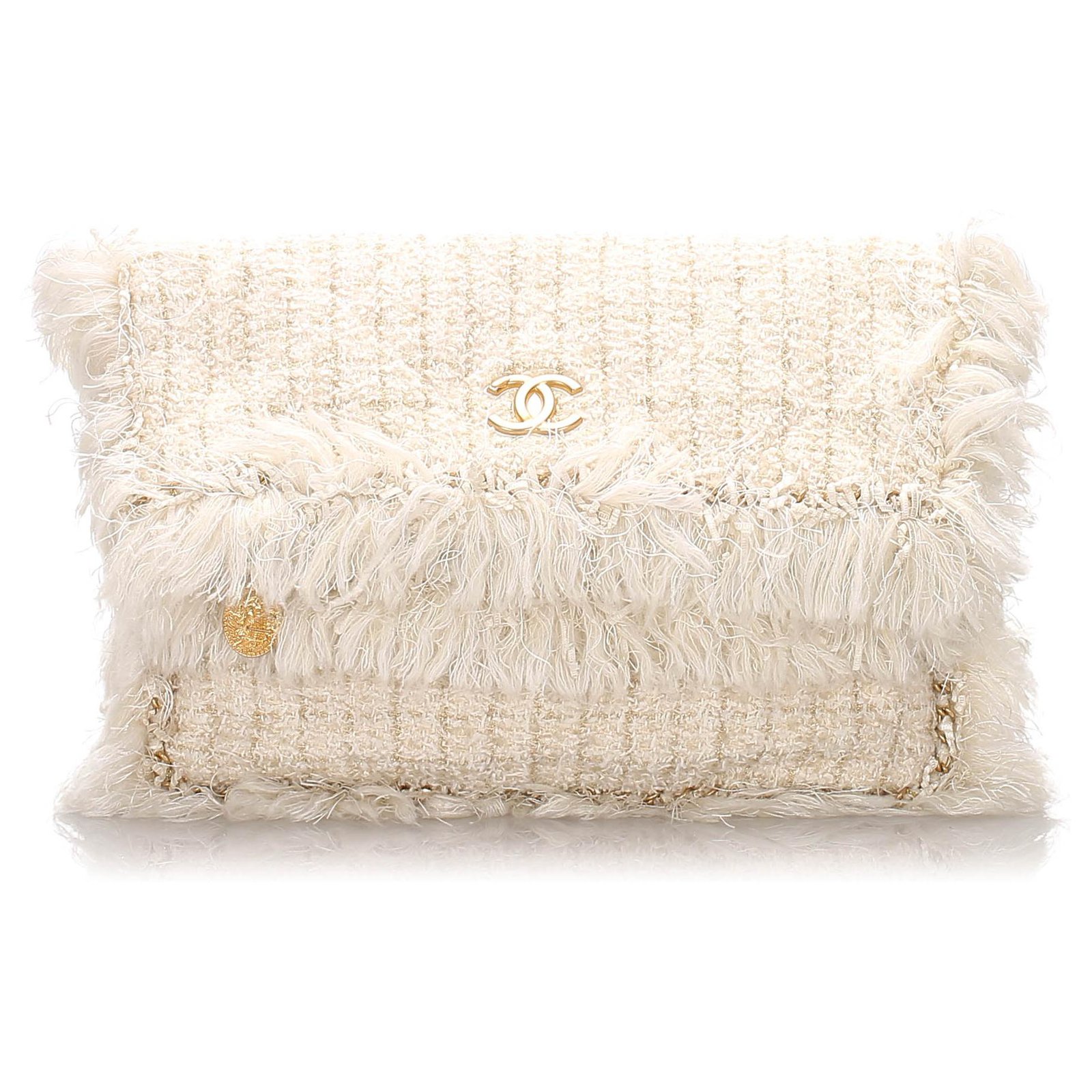 Chanel Cream Quilted Tweed Fringe Fold Over Clutch Chanel