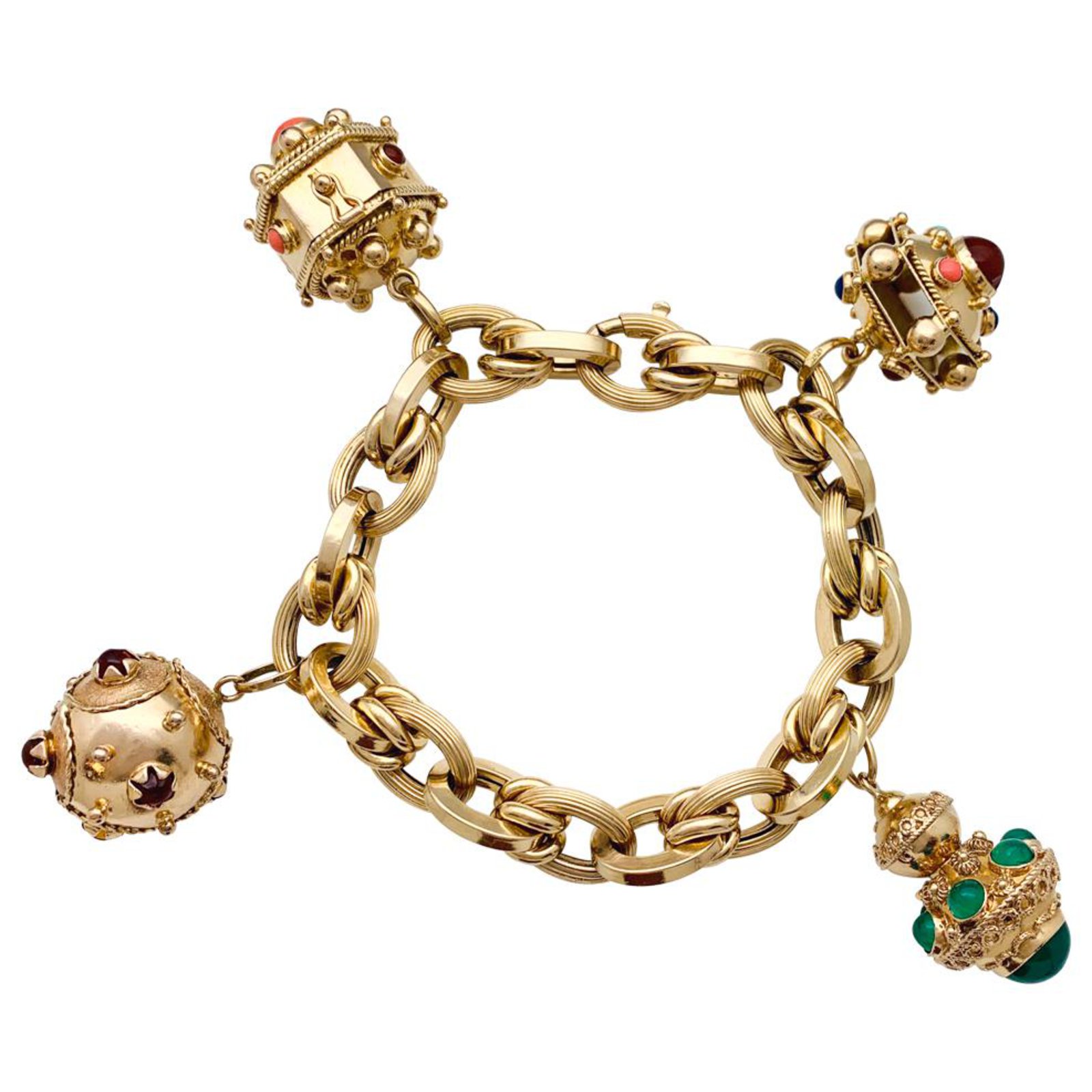 Yellow gold charm bracelet with colored glasses.