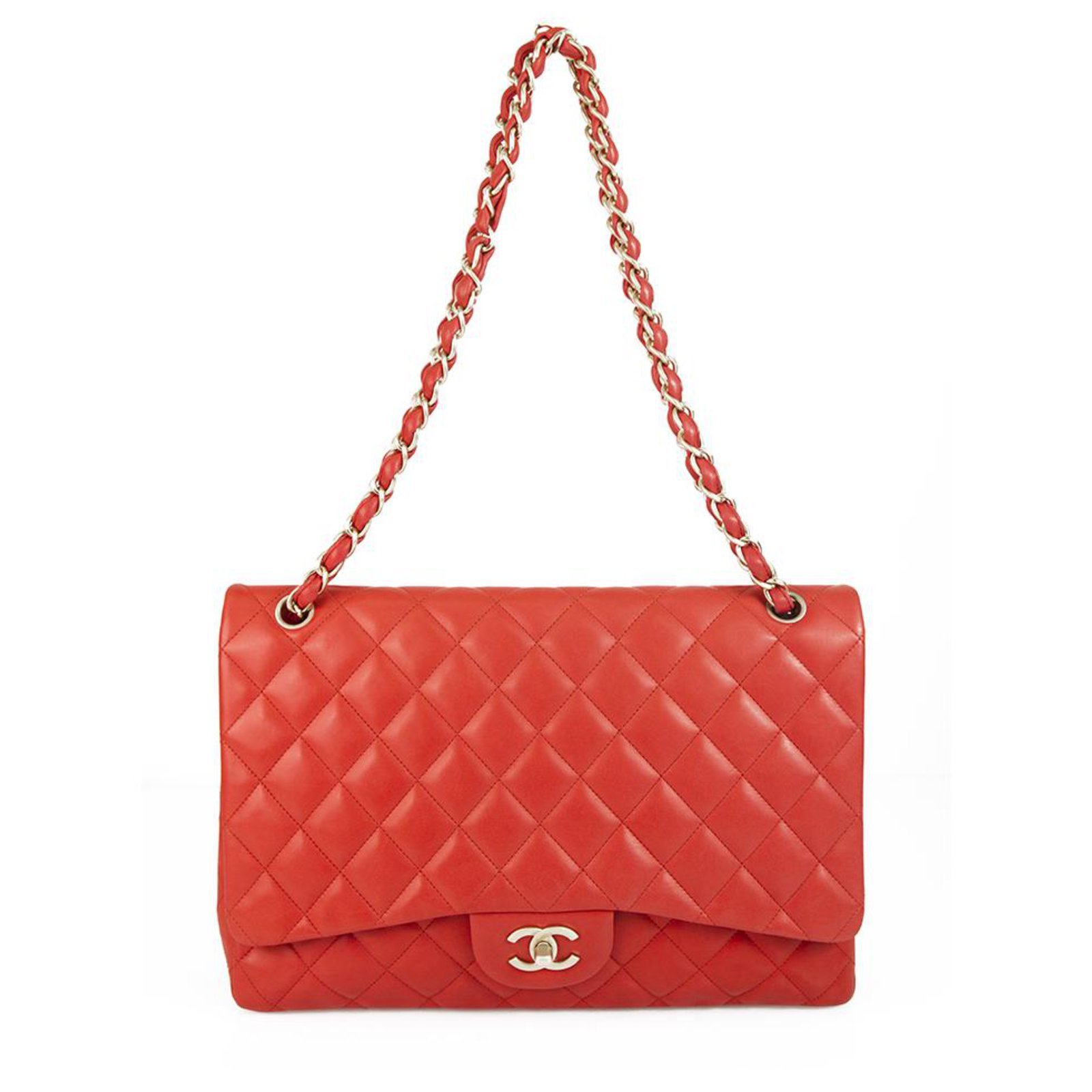 CHANEL Coral Red Lambskin Leather Classic Single Flap Jumbo Bag