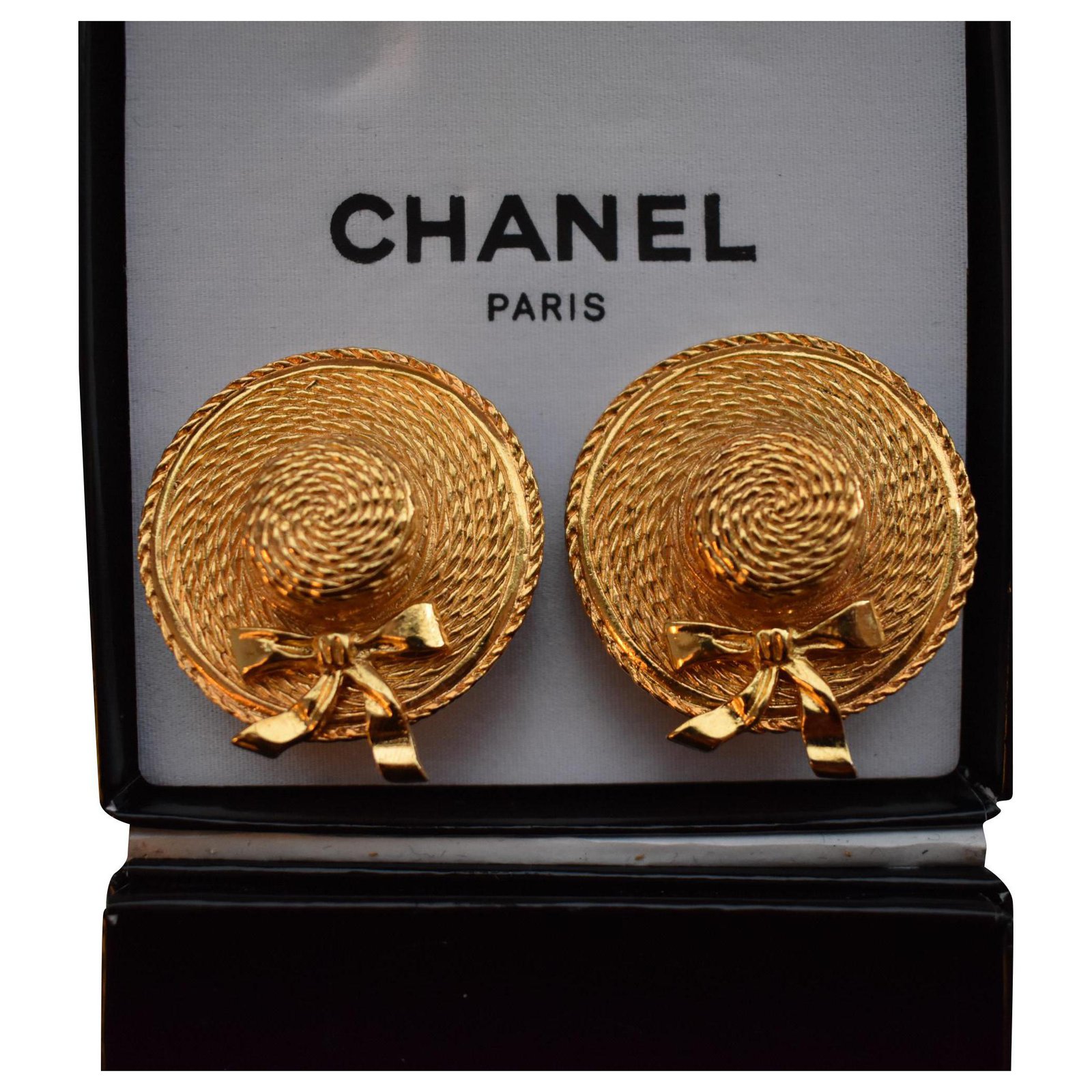 Vintage Chanel Medallion Earrings Textured Goldtone Black CC Clip On 1980s
