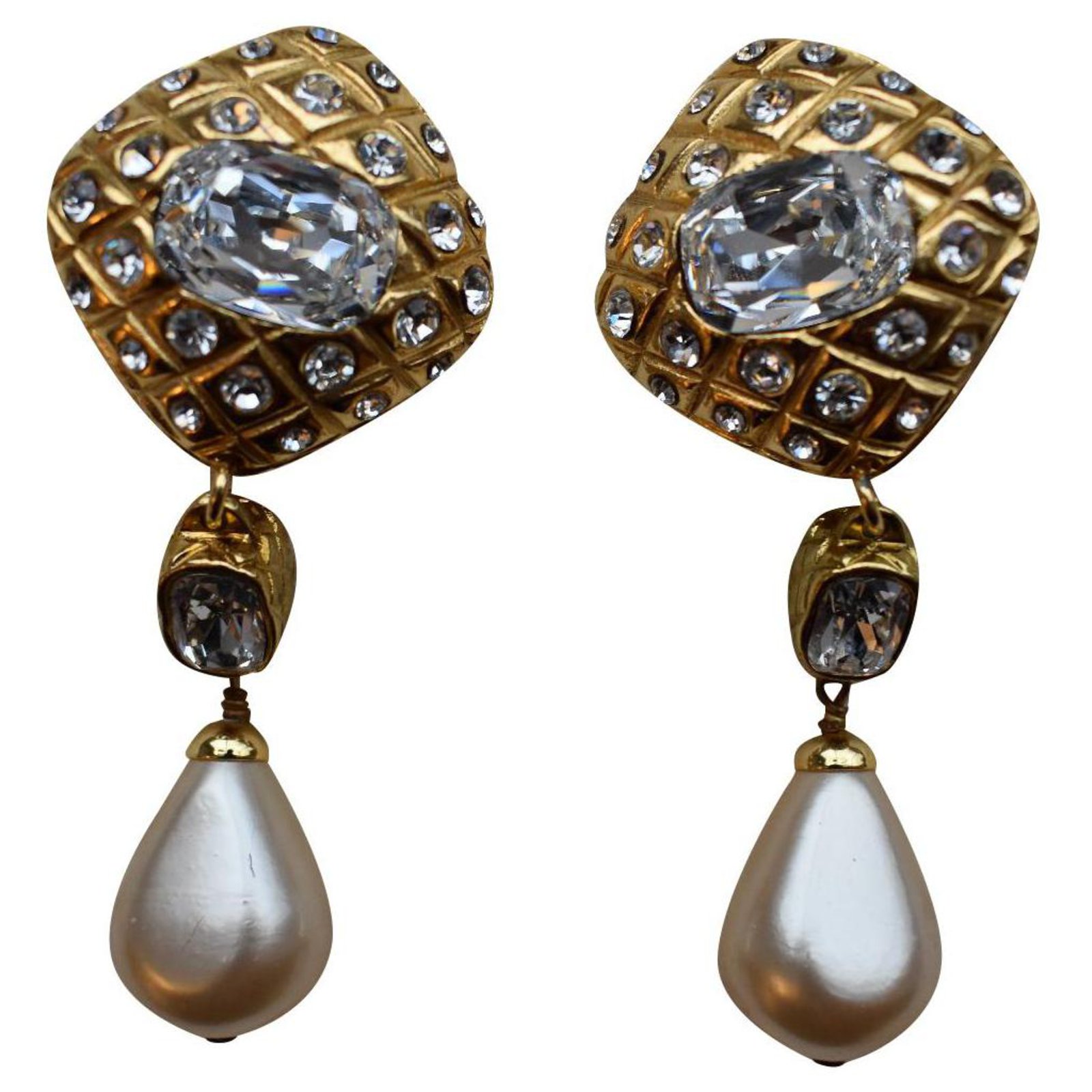 Vintage Chanel Gold Tone Rhinestone Faux Pearl Drop Clip-On