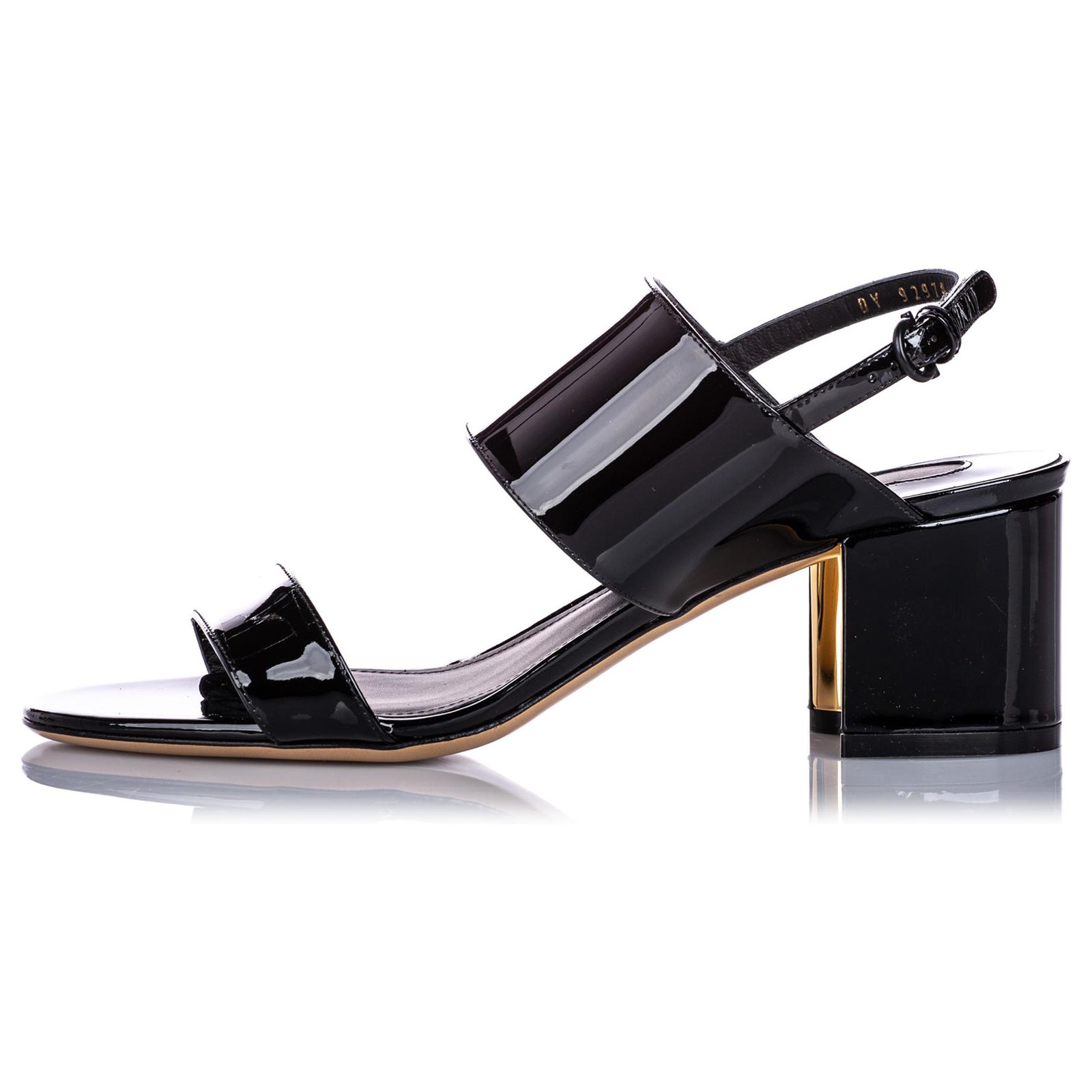 Ferragamo Black Two-Banded Patent Leather Flower Heel Sandal