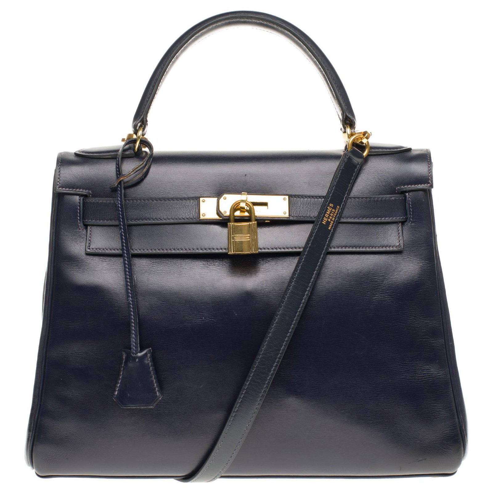 Hermès hermes kelly 28 navy blue box leather strap, gold plated metal ...