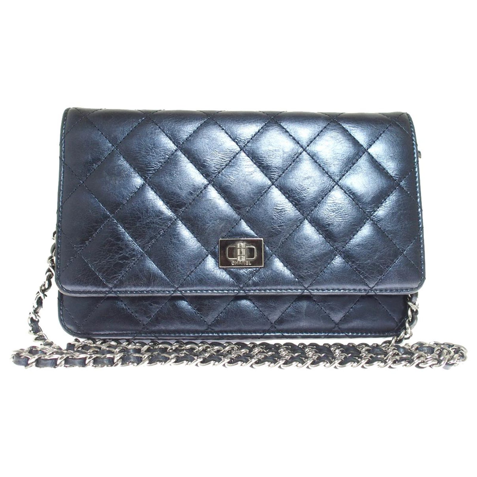 Chanel Blue Reissue Wallet on Chain Dark blue Leather Metal ref