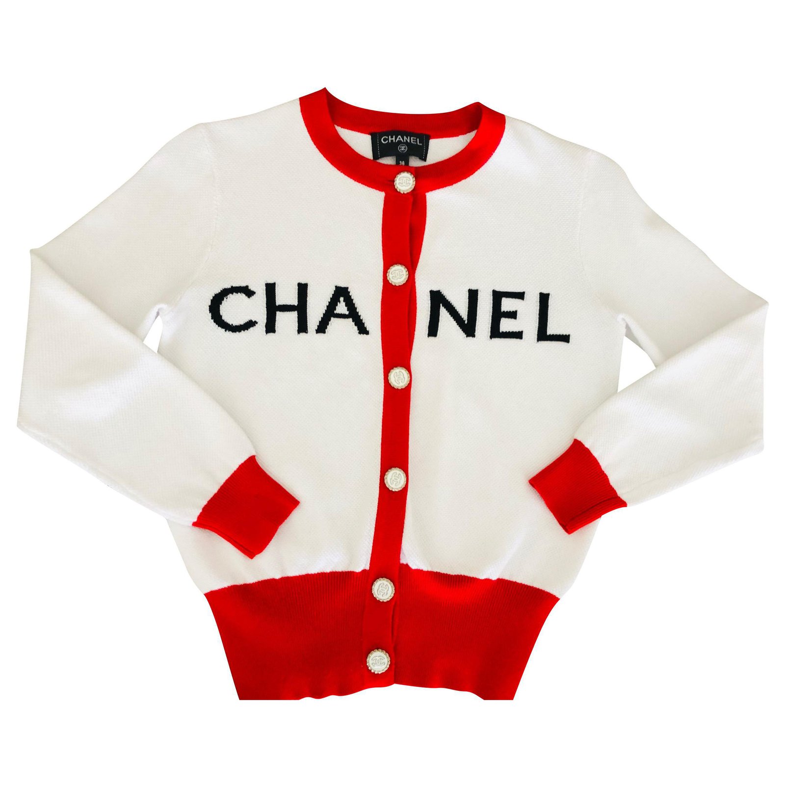Chanel Cardigan 2019, White and red Cotton ref.185504 - Joli Closet