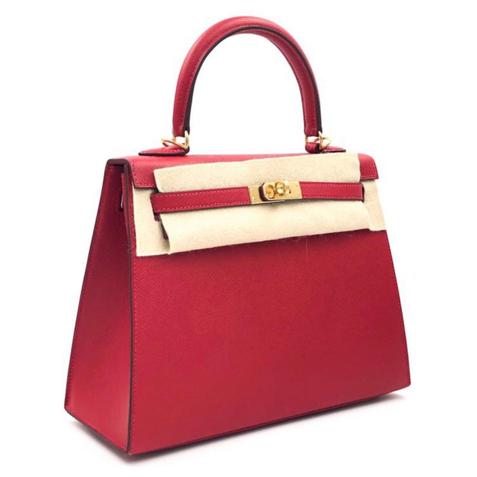 A ROUGE CASAQUE EPSOM LEATHER SELLIER KELLY 25 WITH GOLD HARDWARE