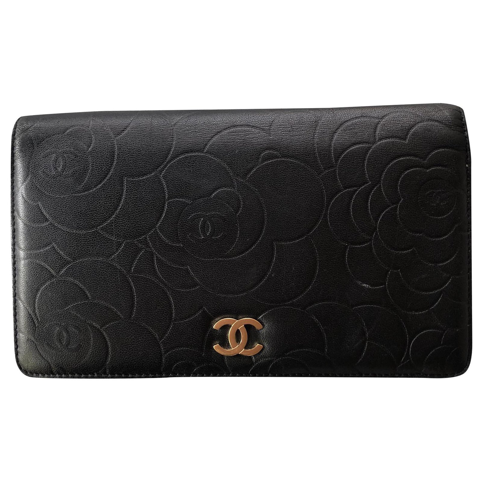 Chanel Black Leather Camellia Flap Wallet Chanel