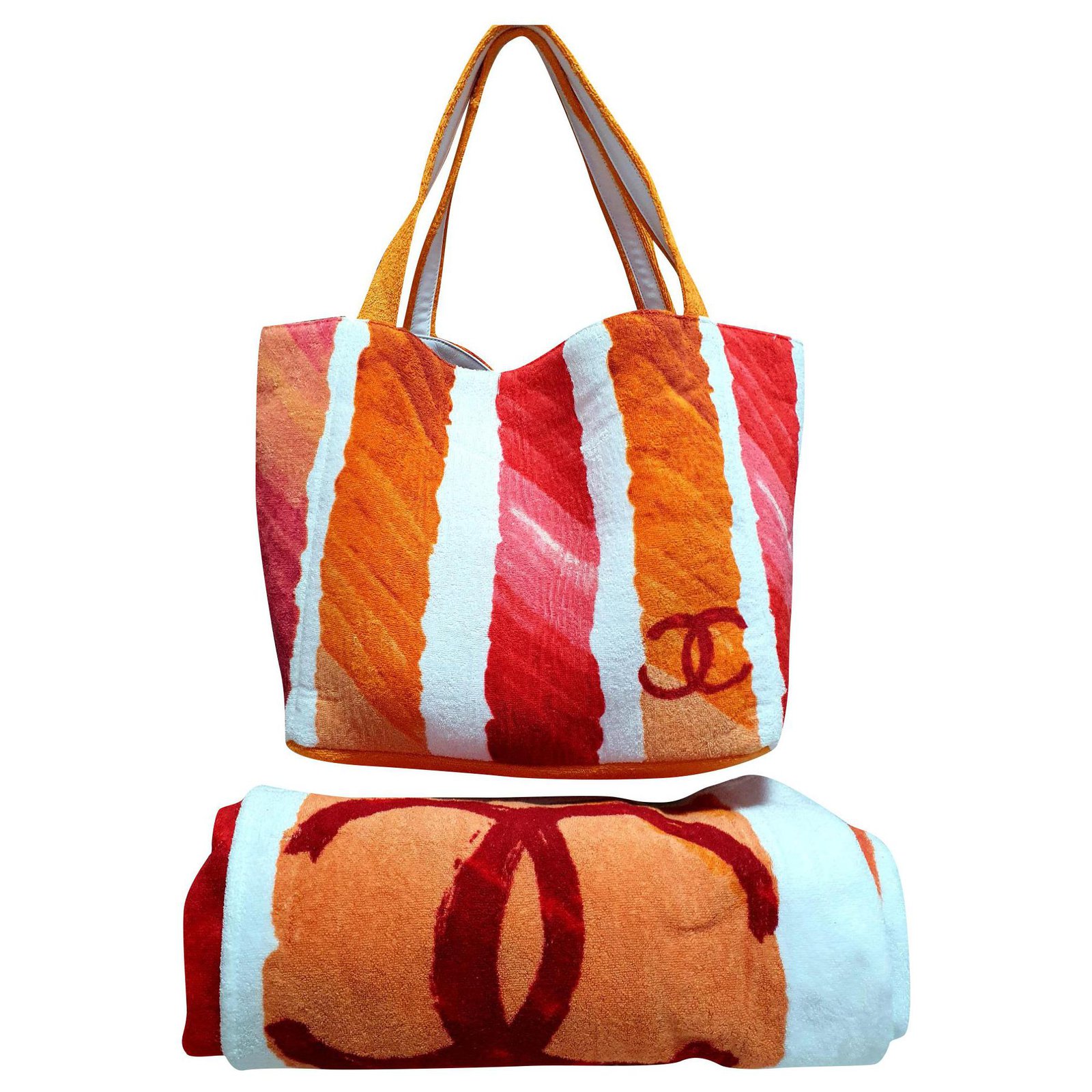 New Chanel beach bag + towel Pink White Multiple colors Orange Cotton  ref.190235 - Joli Closet