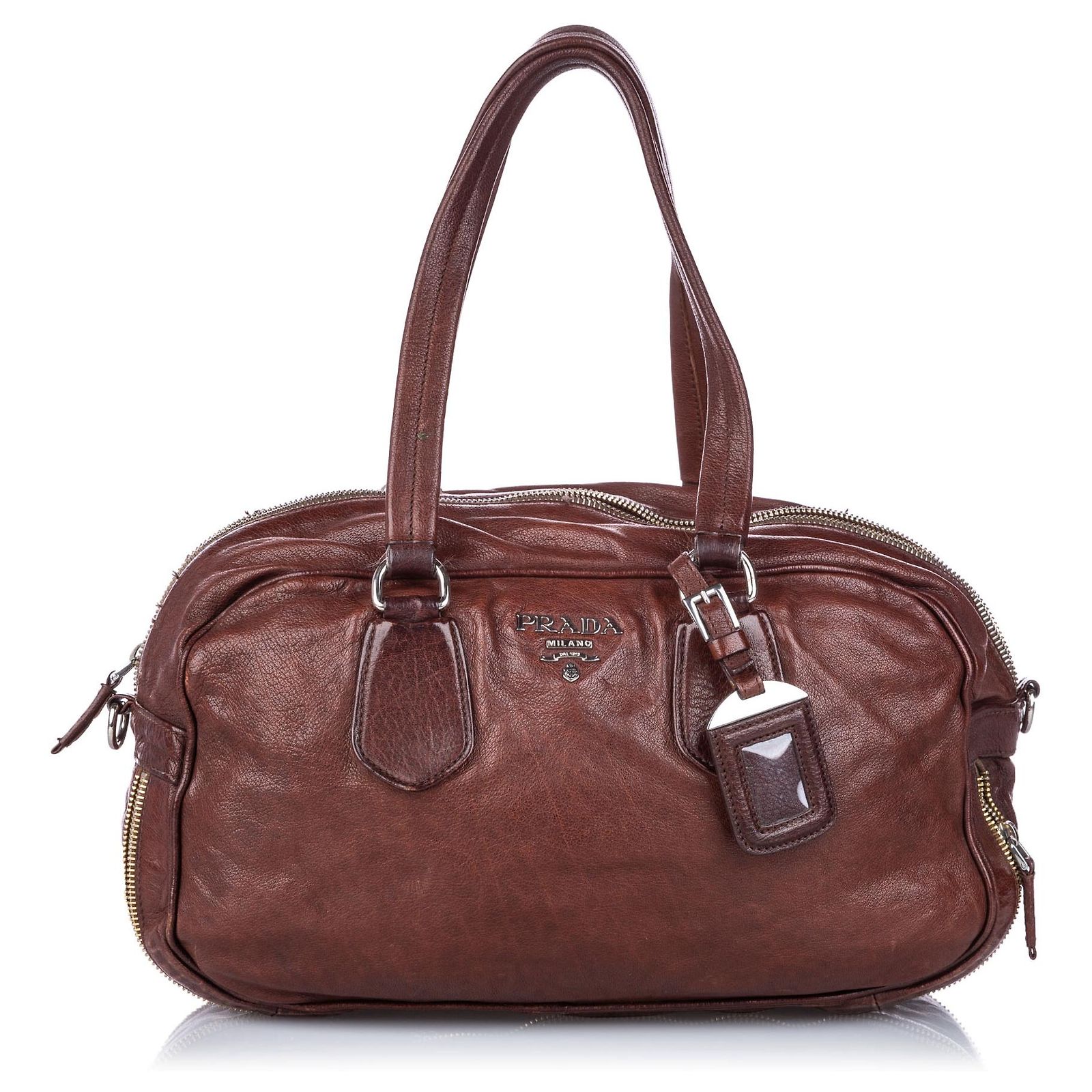 Prada Brown Washed Leather Bauletto Satchel Dark brown Pony-style 