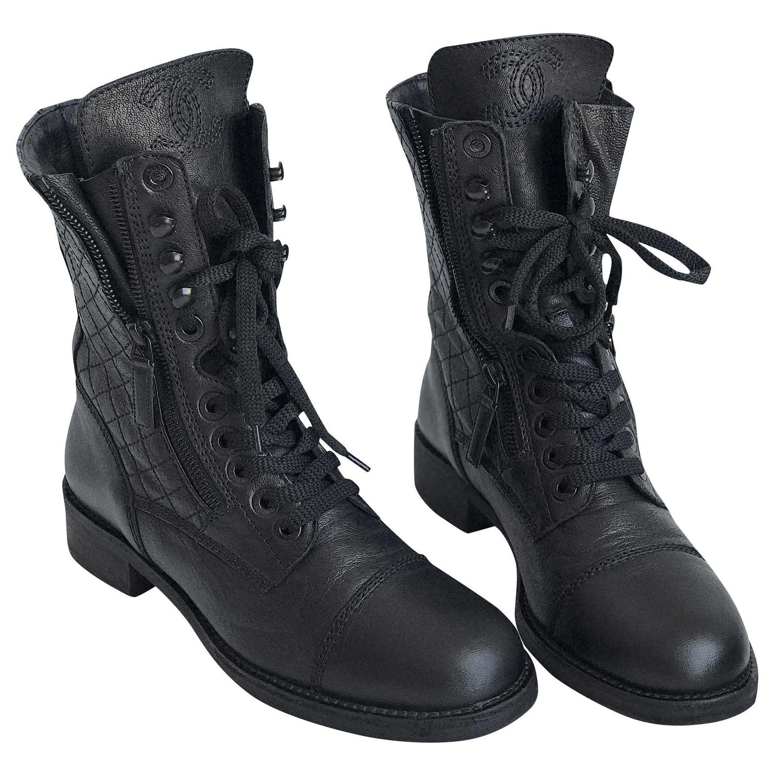 Chanel Black Combat lace-up Boots w/box Leather  - Joli Closet