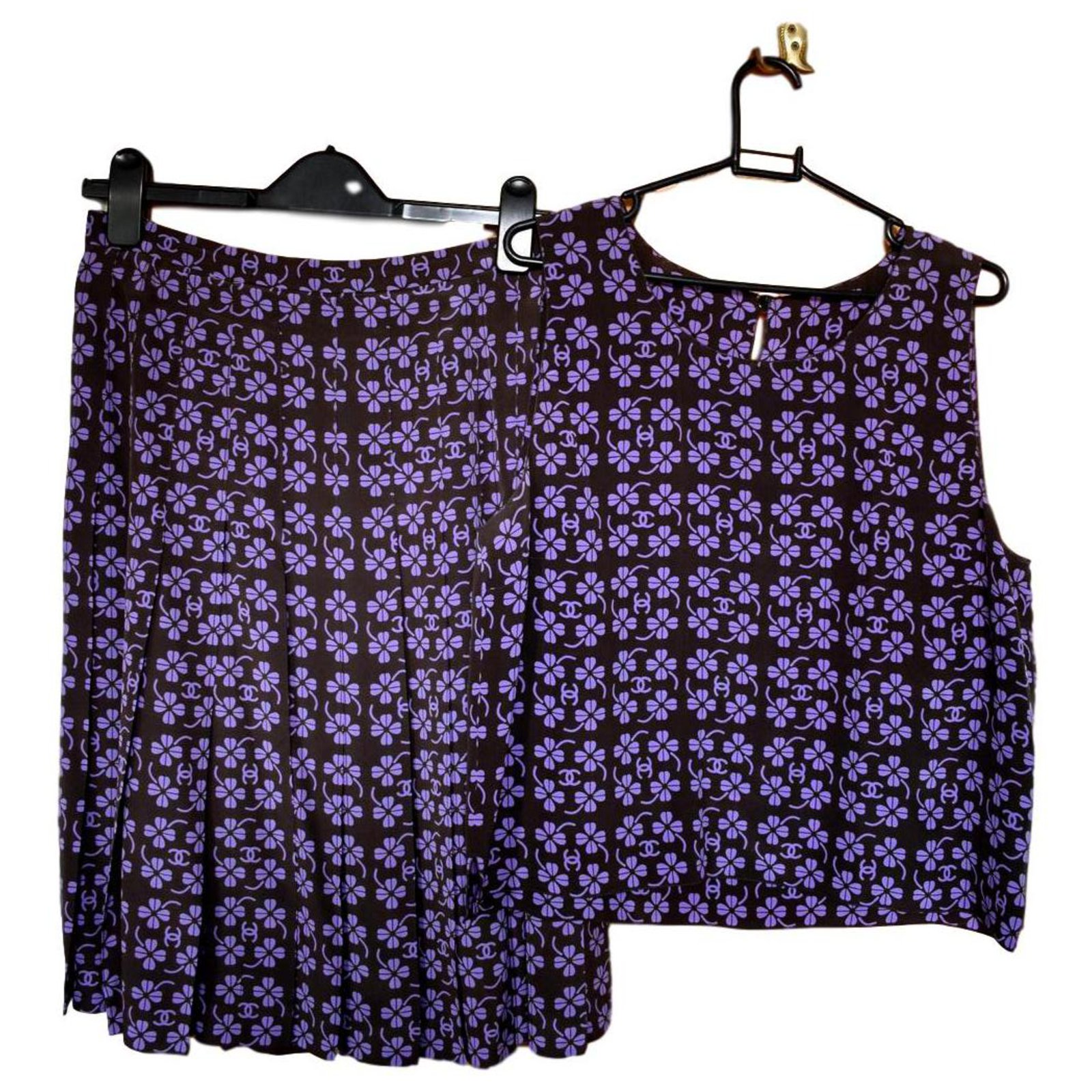 Chanel Purple Brown Lucky Clover CC Top & Skirt Set Silk ref