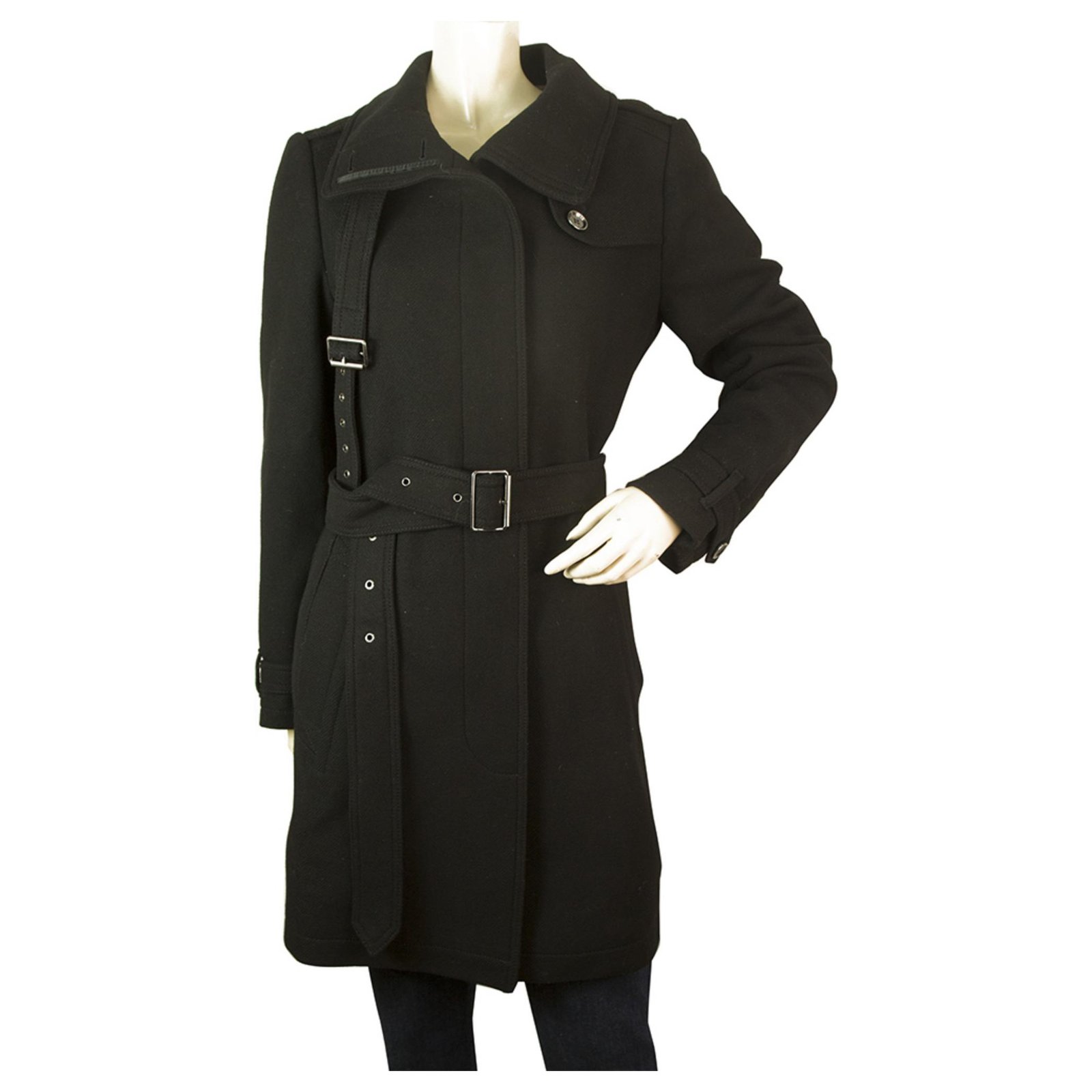 Belted Black Wool Jacket Midi Coat 