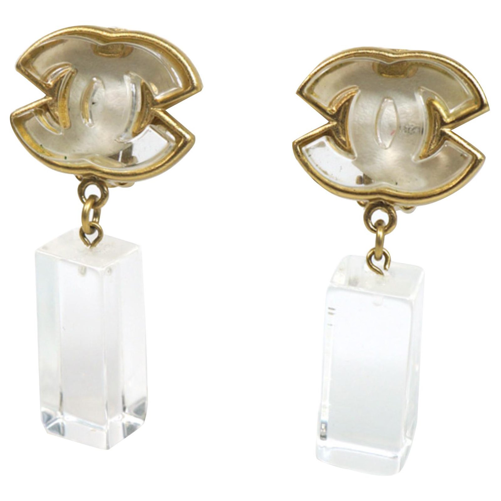 Chanel Gold Enamel CC Drop Earrings White Golden Metal Plastic