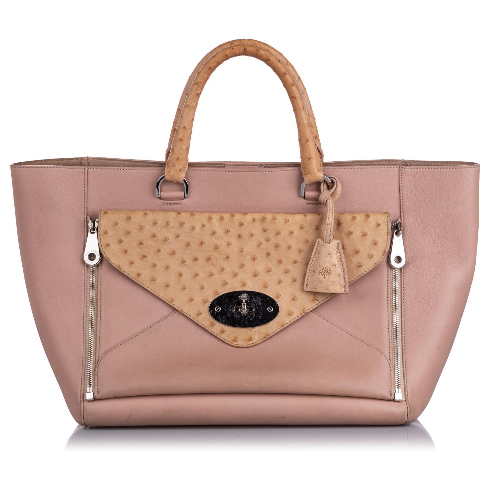 Mulberry Pink Ostrich-Trimmed Willow Tote Bag Brown Beige Leather