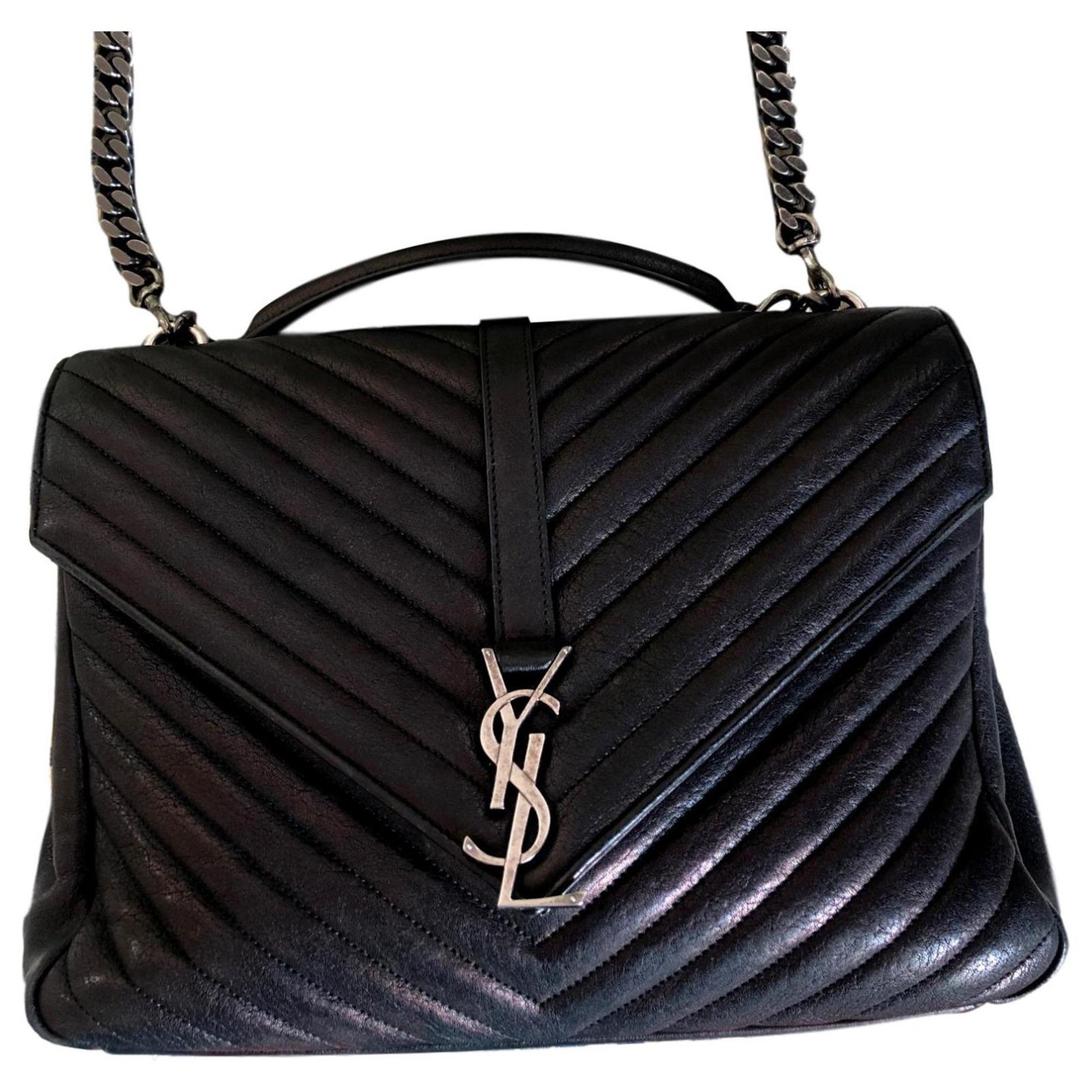 Shopping Monogramme Yves Saint Laurent College medium YSL handbag Black  Leather ref.193945 - Joli Closet
