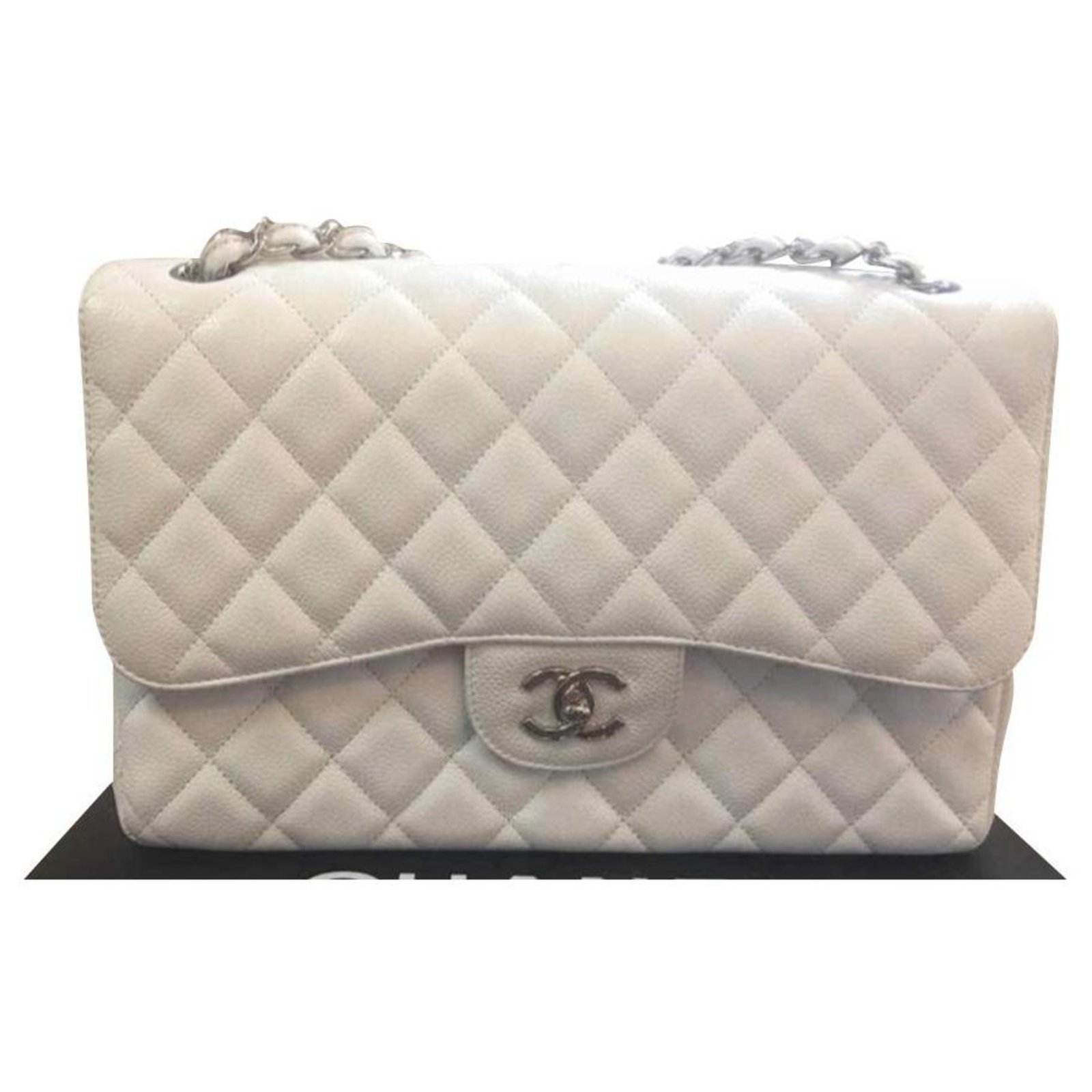 Seltene Chanel White Caviar Jumbo Classic Flap Bag