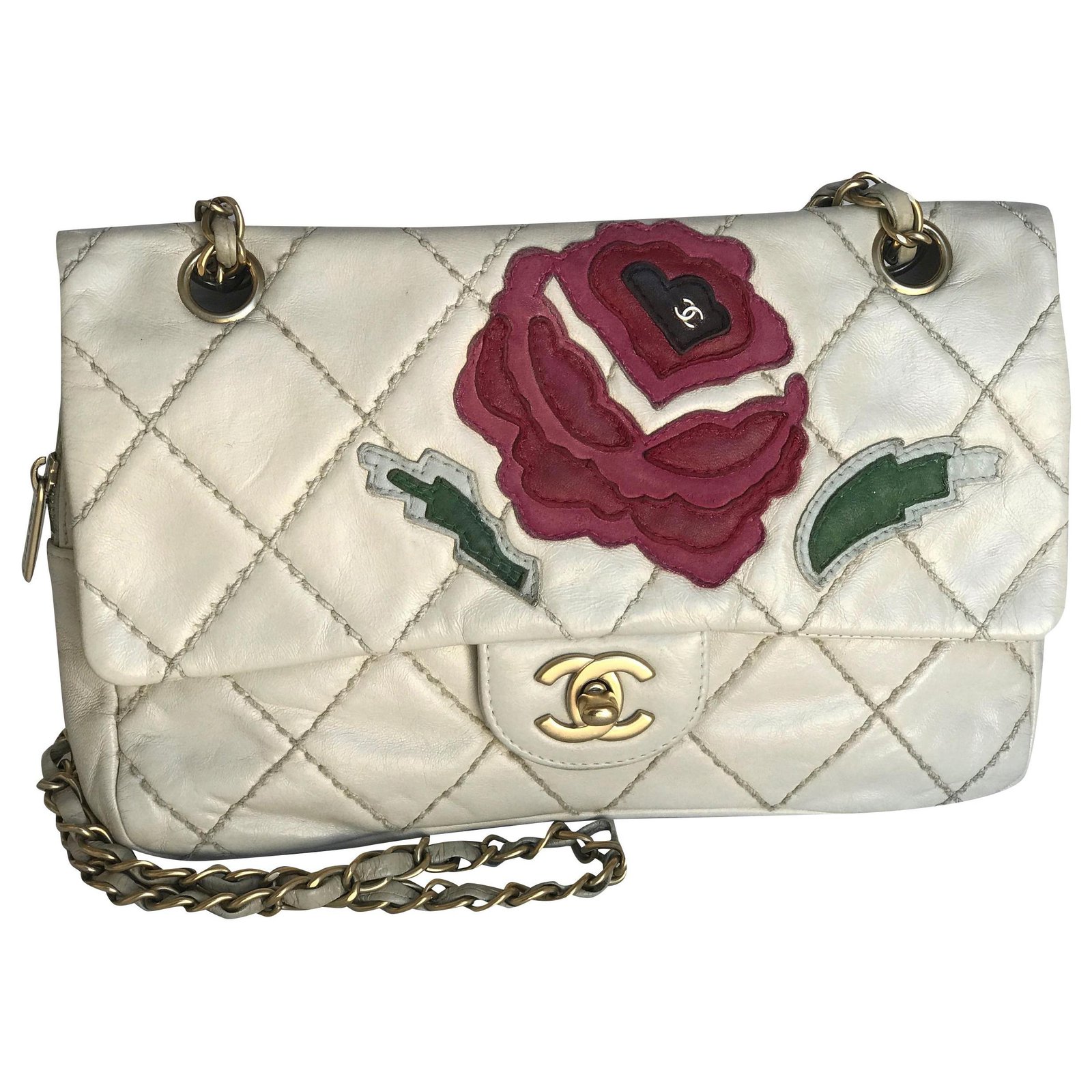CHANEL, Bags, Chanel Rare Vintage Cream Fabric Camellia Flower Classic  Flap Bag Real Gold Hw
