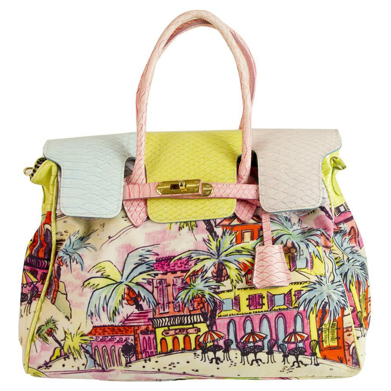 Autre Marque Beverly Feldman Multicolor Paint Canvas Shopper Shoulder Bag  Handbag w. PADLOCK Multiple colors Cloth ref.194522 - Joli Closet
