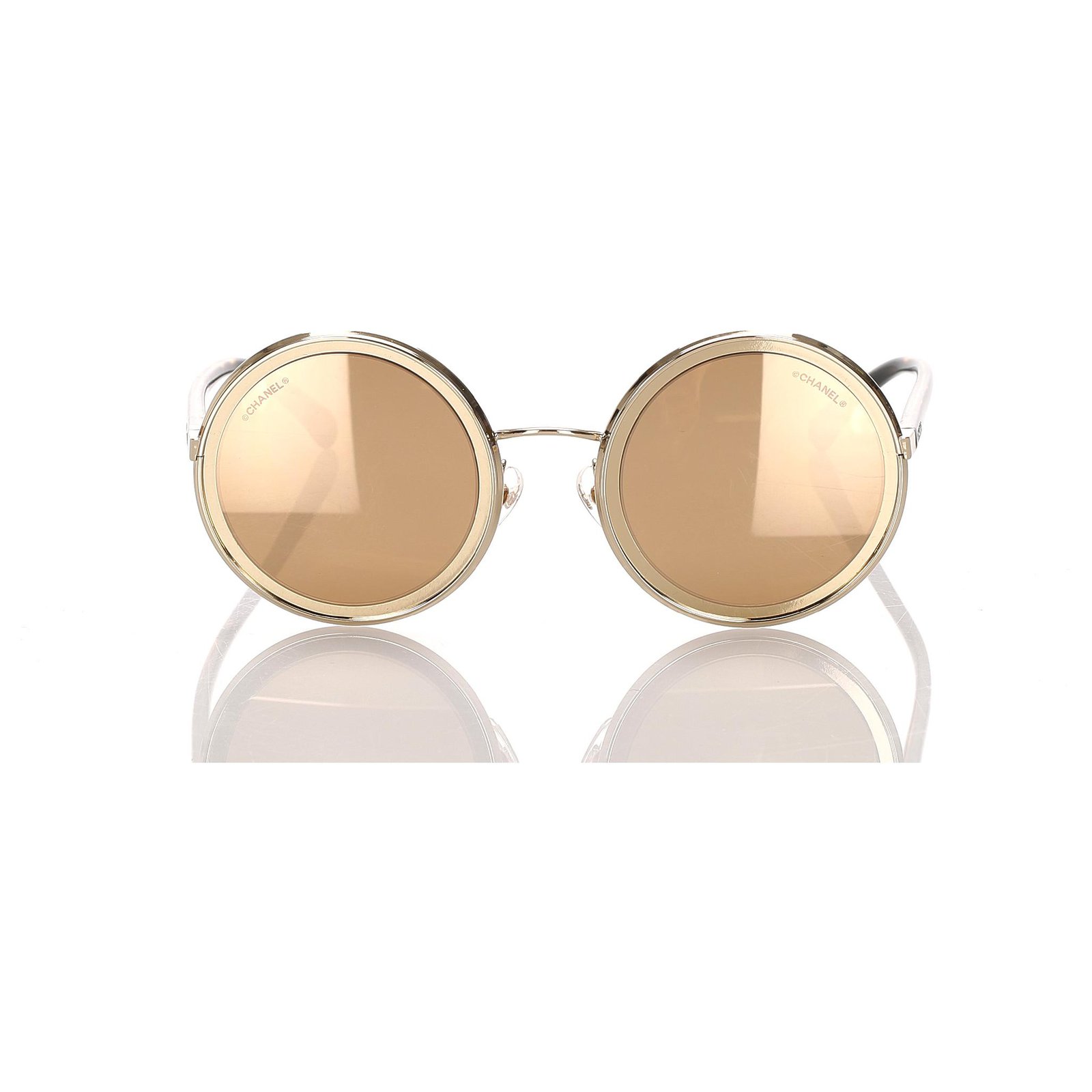 Chanel 18K Gold Mirrored Lenses and Metal Rounded Sunglasses W Case rt  530 For Sale at 1stDibs