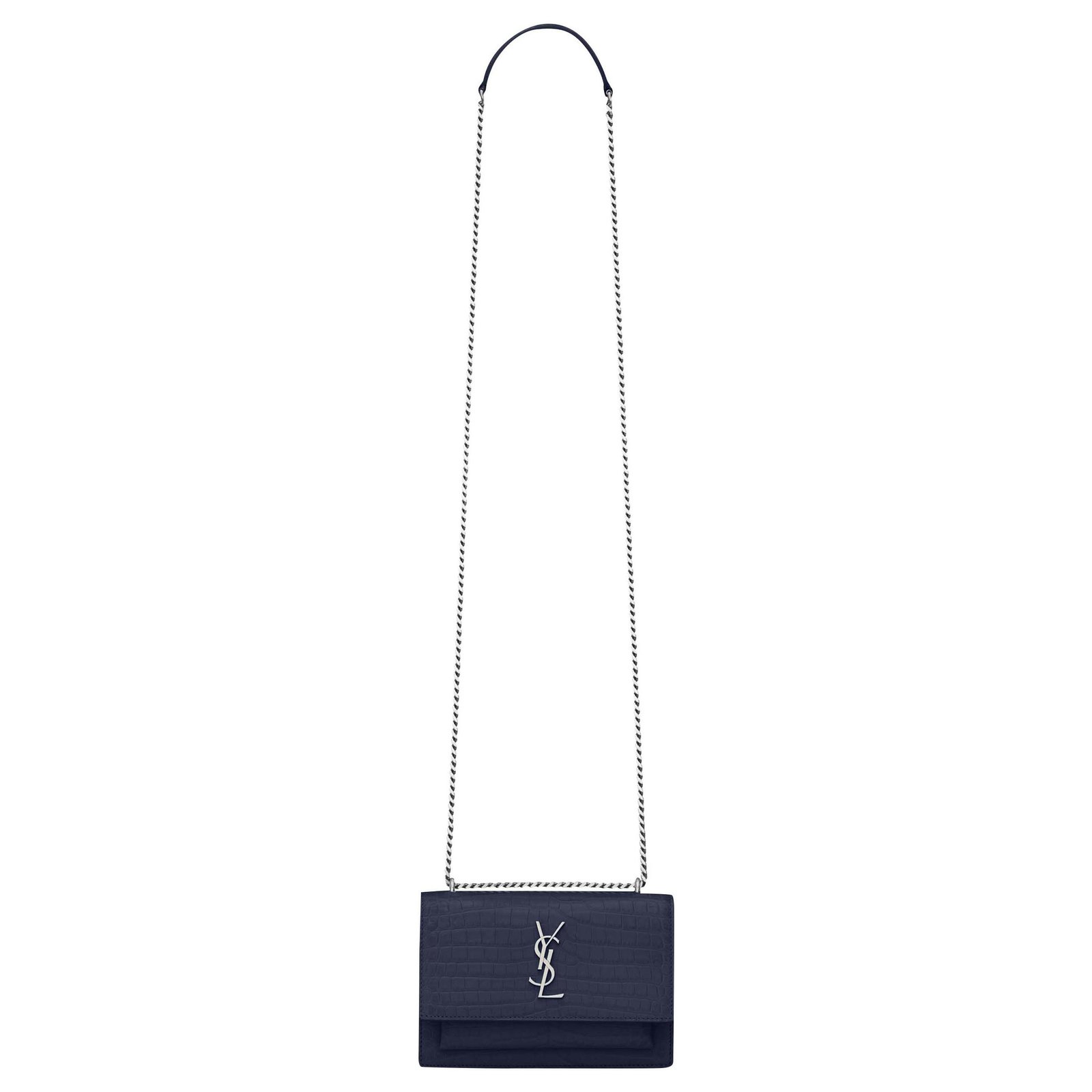 Yves Saint Laurent, Bags, Ysl Sunset Mini Chain Wallet In Crocodile  Embossed Black Silver
