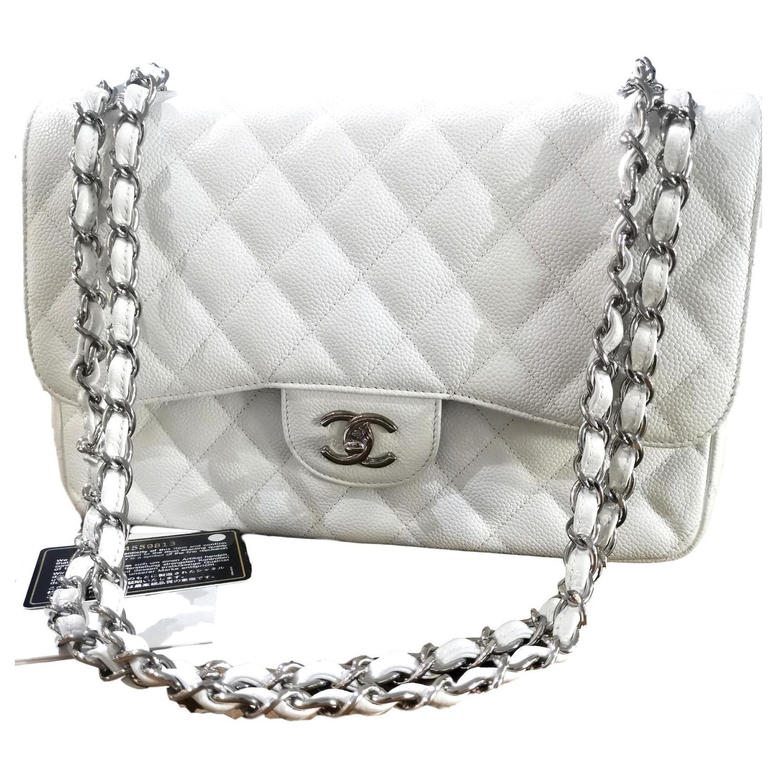 Timeless Chanel white Jumbo classic lined flap bag Leather ref