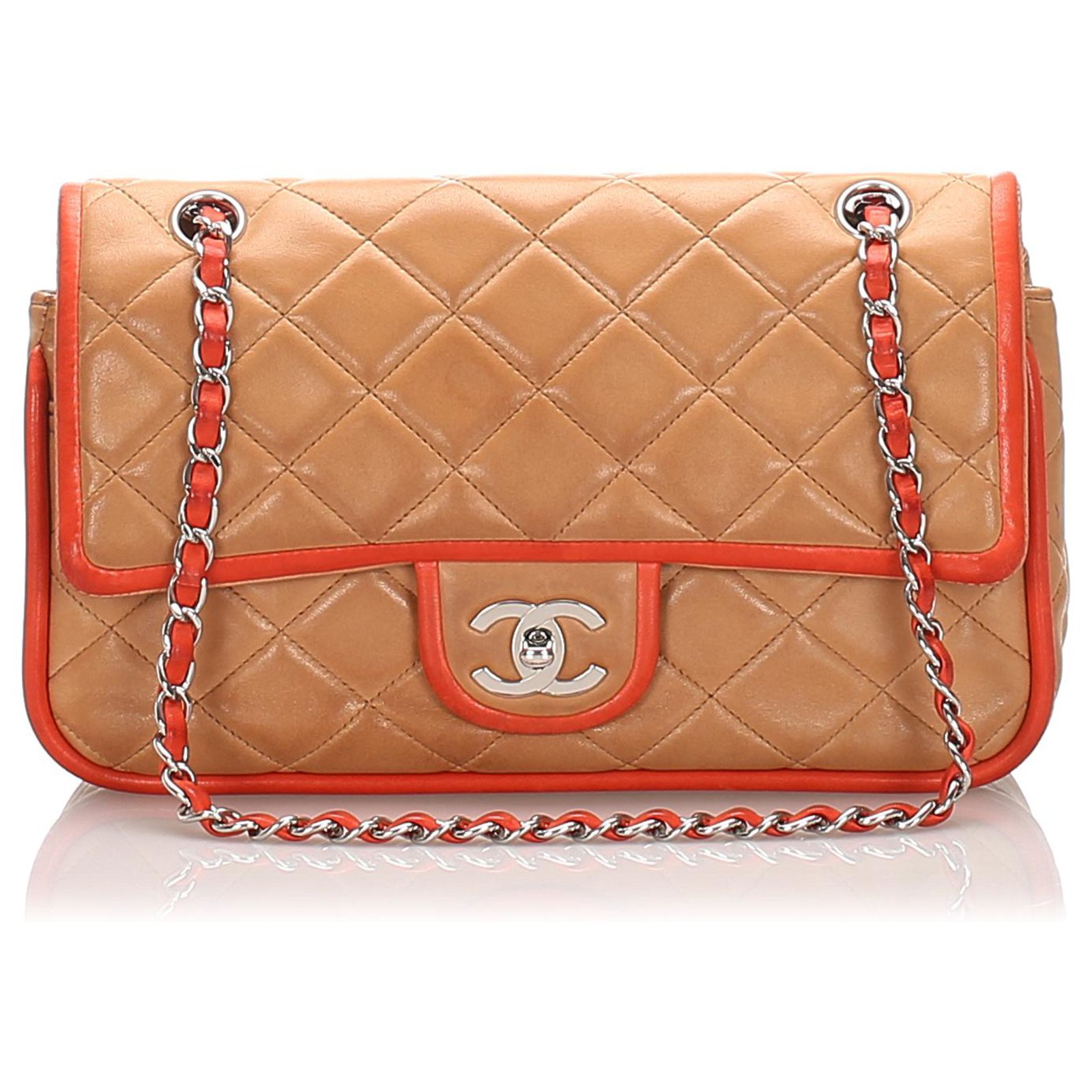 Chanel Brown Medium Lambskin lined Flap Bag Beige Orange Leather