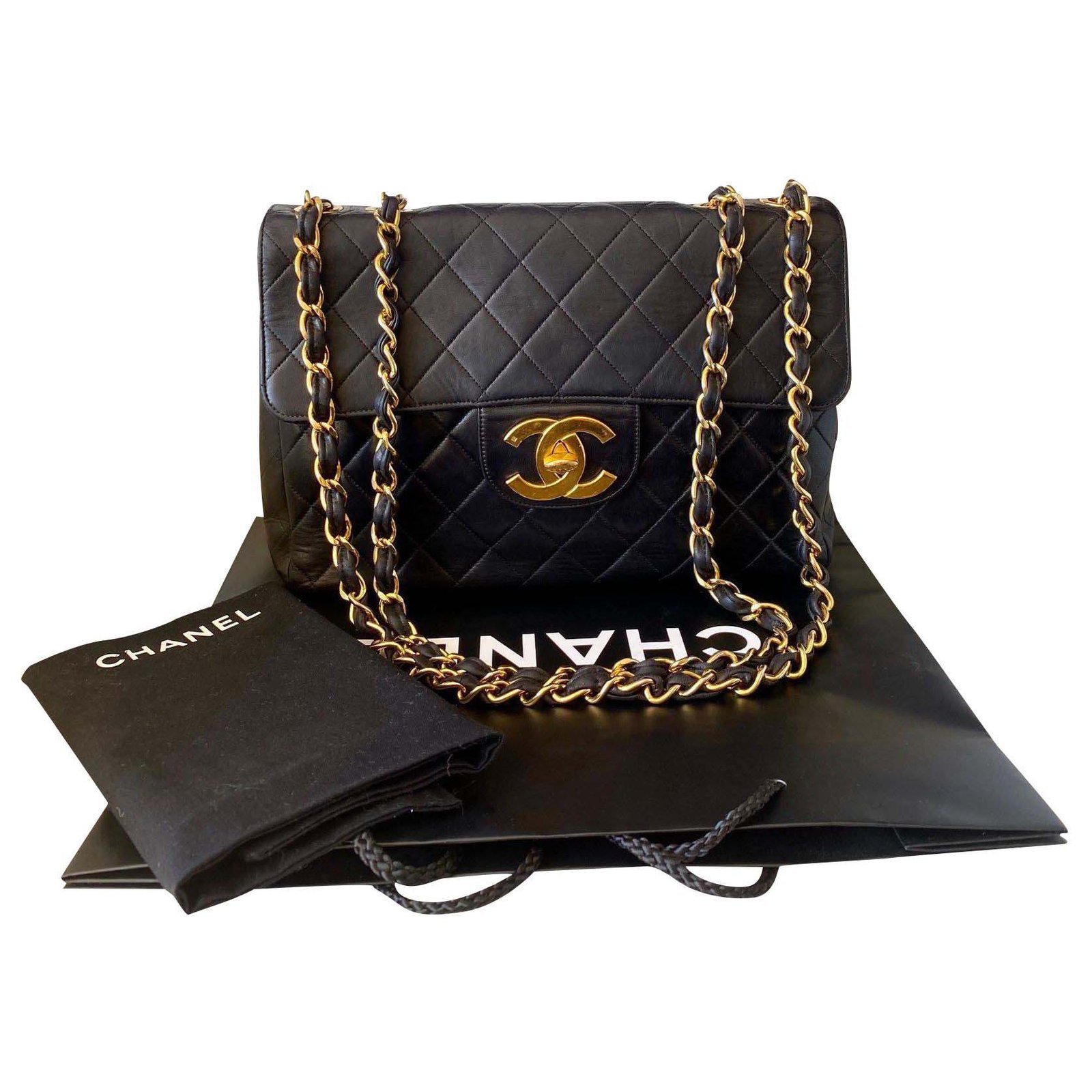 100% Authentic Chanel Vintage Black Lambskin Jumbo Classic Flap