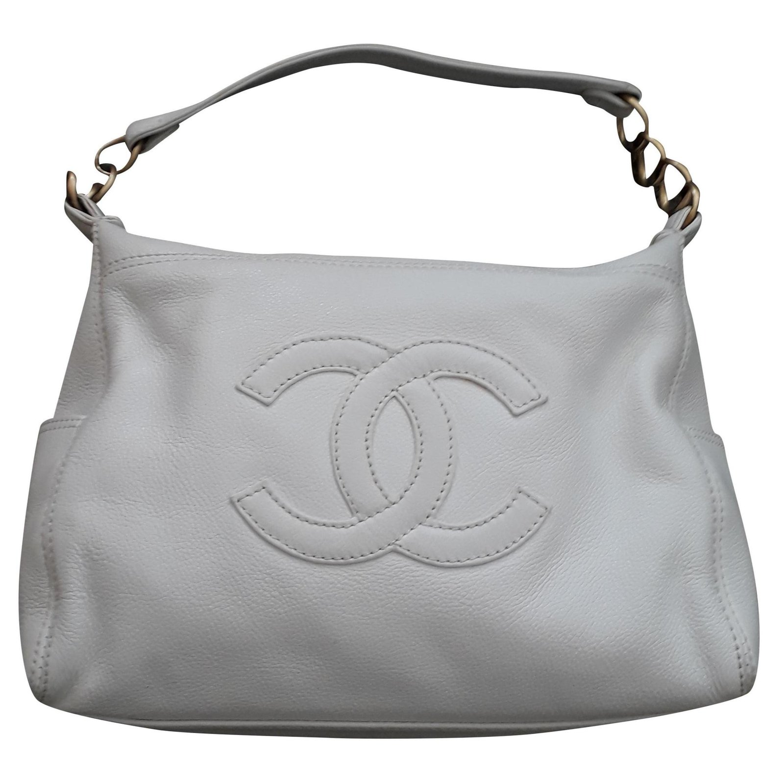 Chanel White Caviar CC Wood Chain Hobo Bag